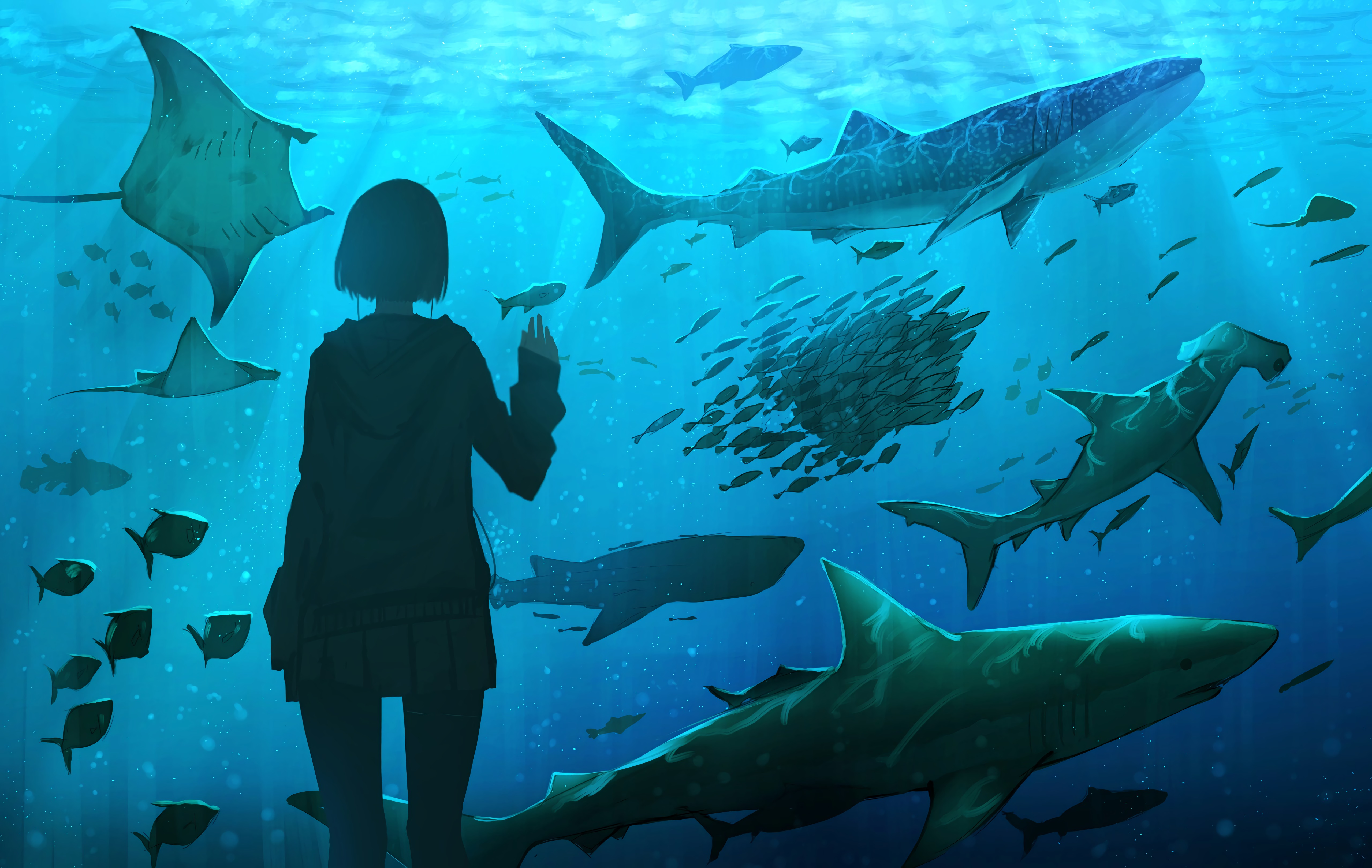 art, aquarium, underwater world, girl, fish