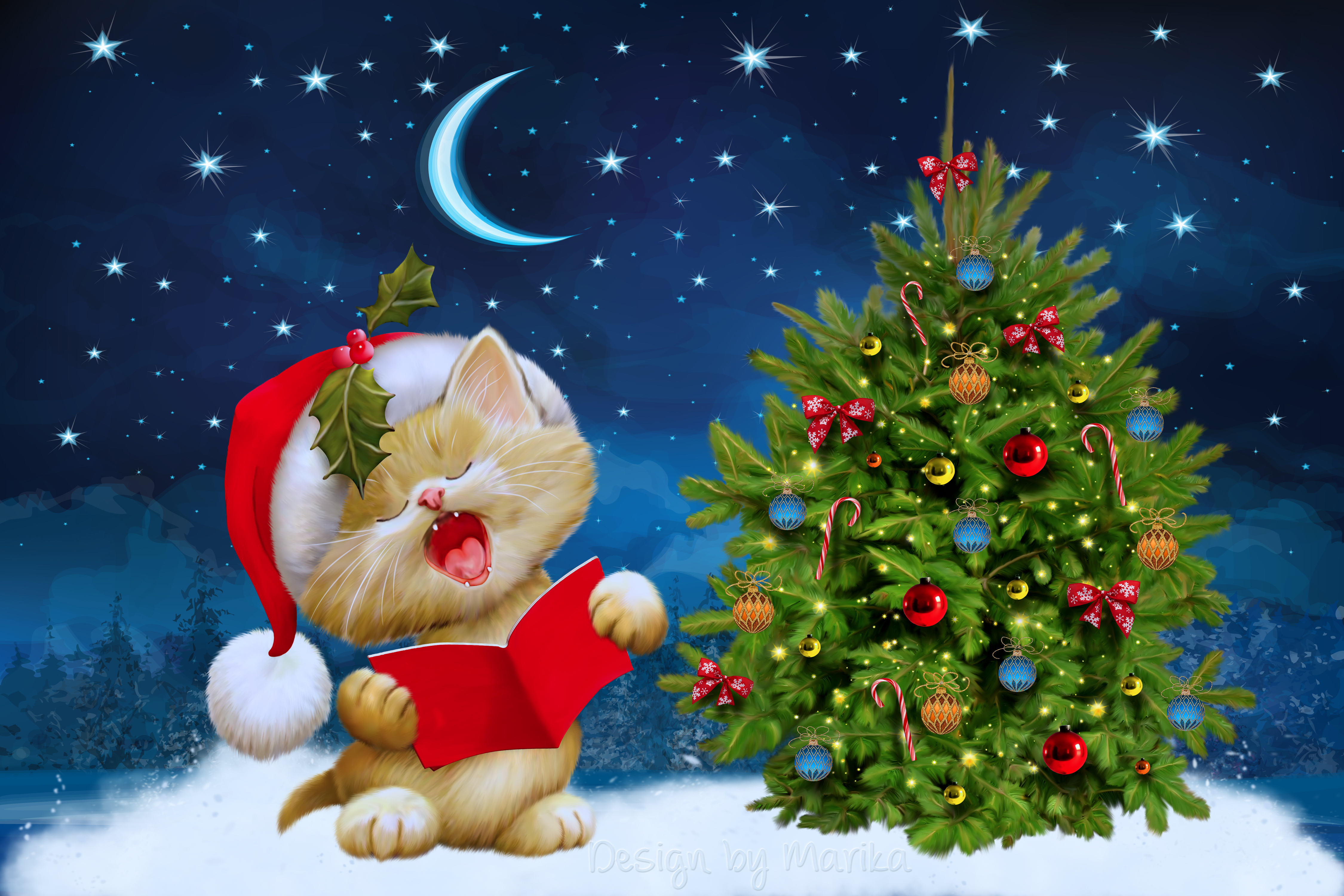 holidays, cat, christmas, new year, postcard HD wallpaper