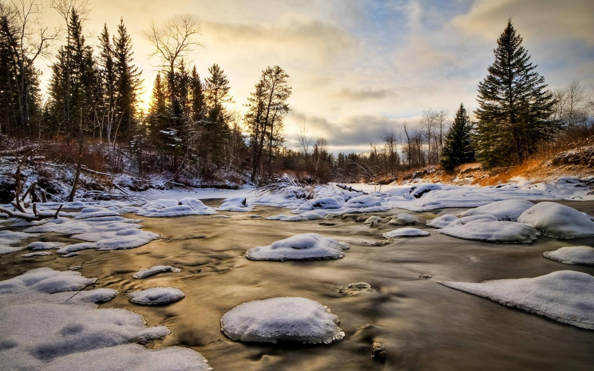 Download mobile wallpaper Rivers, Landscape, Winter, Snow, Trees for free.