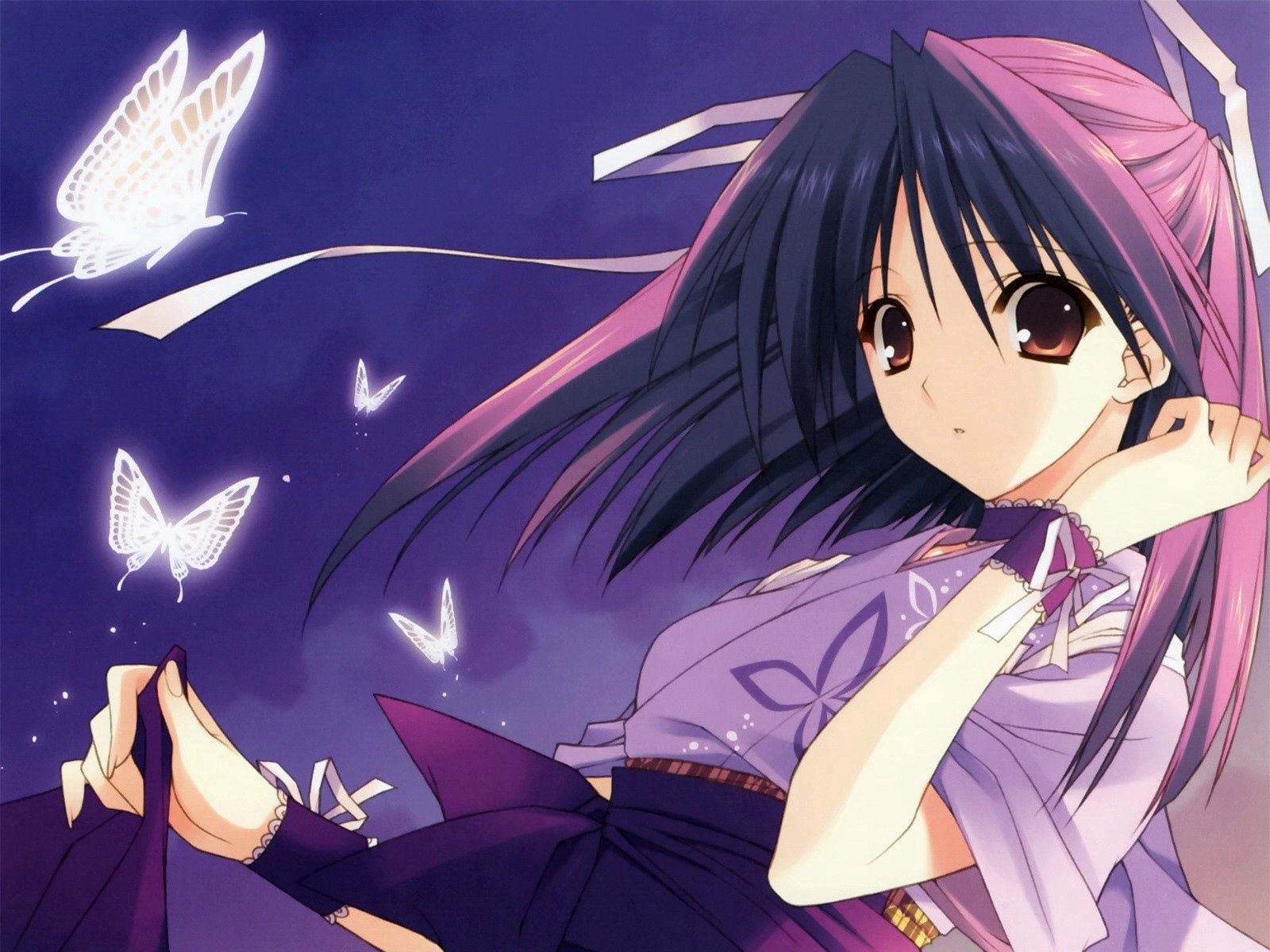 Download mobile wallpaper Brunette, Kimono, Girl, Butterflies, Anime for free.