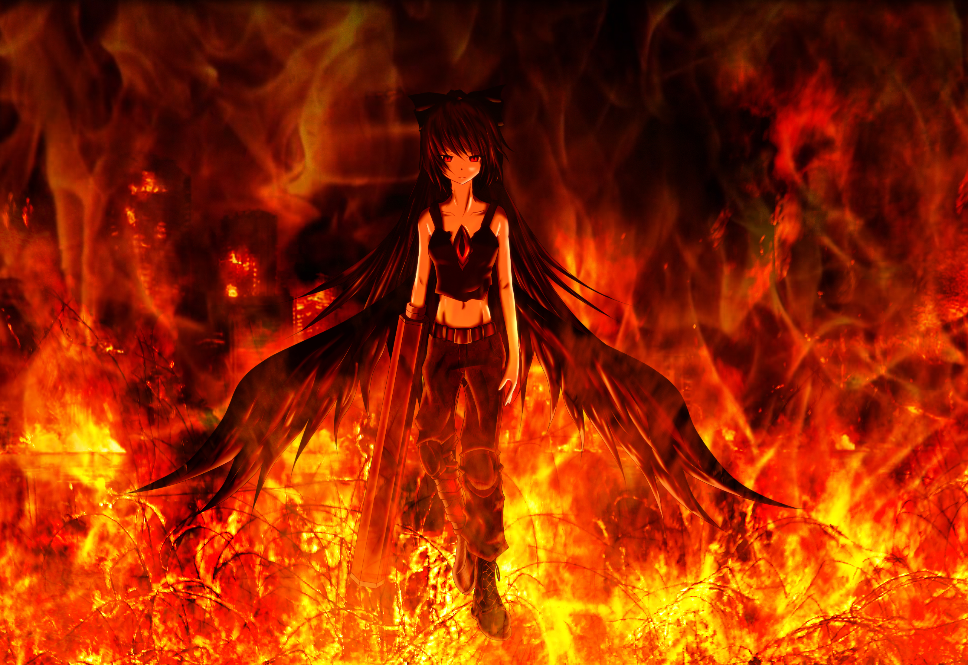 gothic, touhou, anime, brown hair, cannon, fire, flame, utsuho reiuji, weapon, wings High Definition image