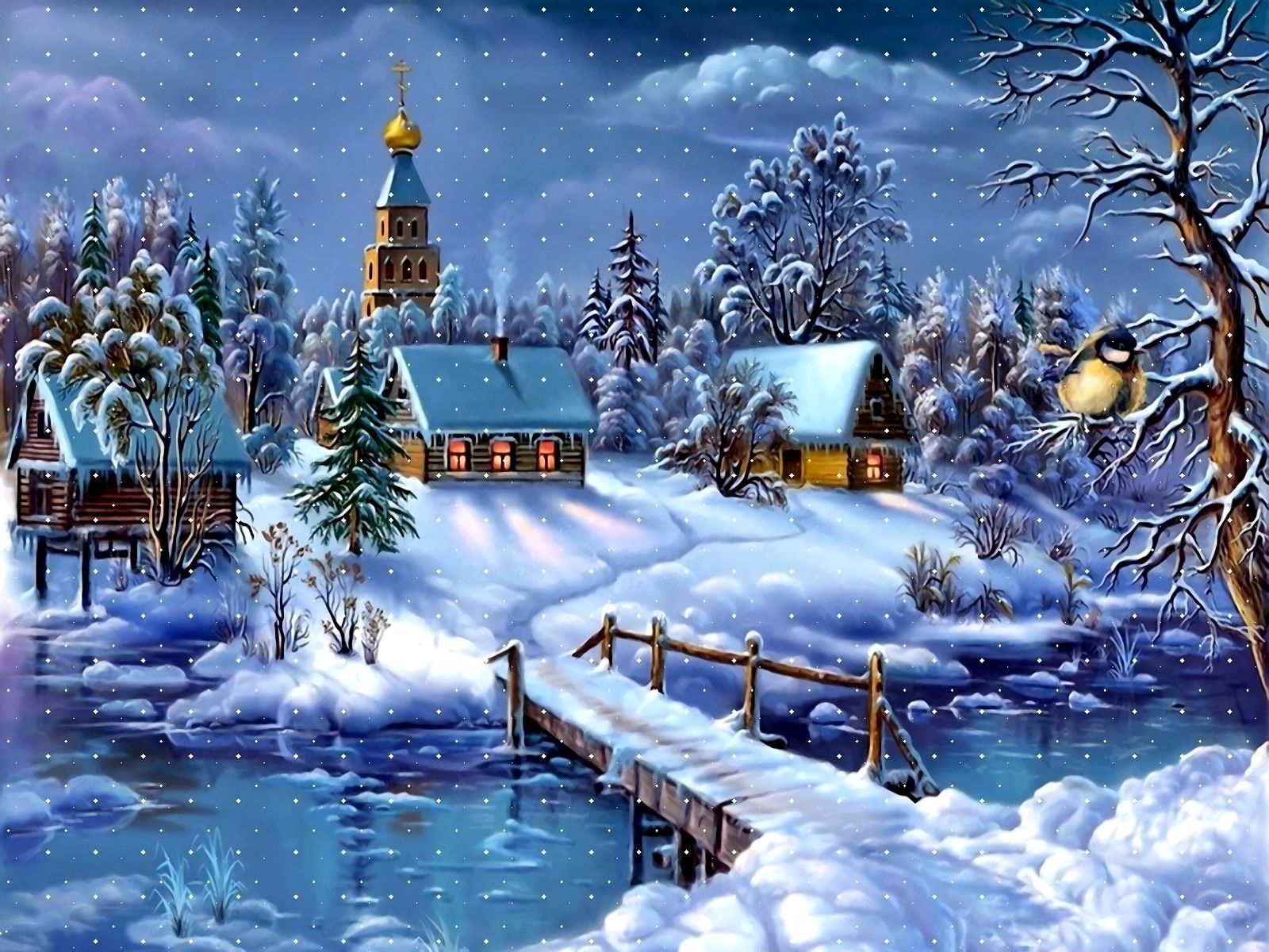landscape, snow, church, winter, house, artistic, bridge