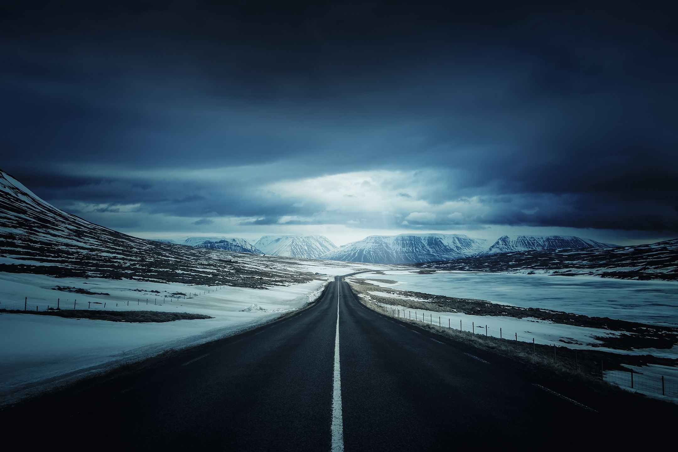 HD desktop wallpaper: Winter, Night, Snow, Mountain, Road, Man