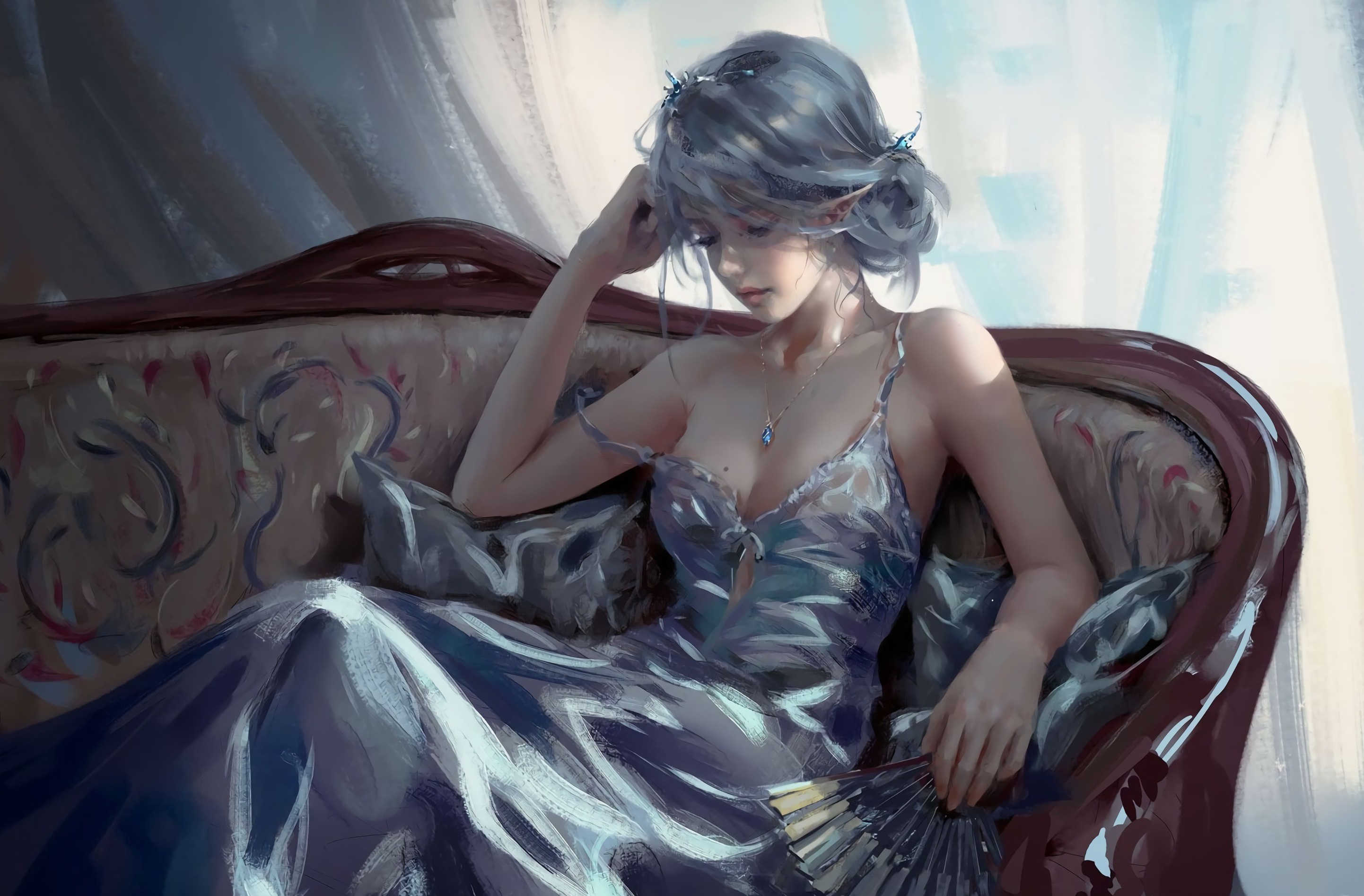 elf, summer, comics, ghostblade, dress, fan, fantasy, necklace, pointed ears, silver dress, white hair