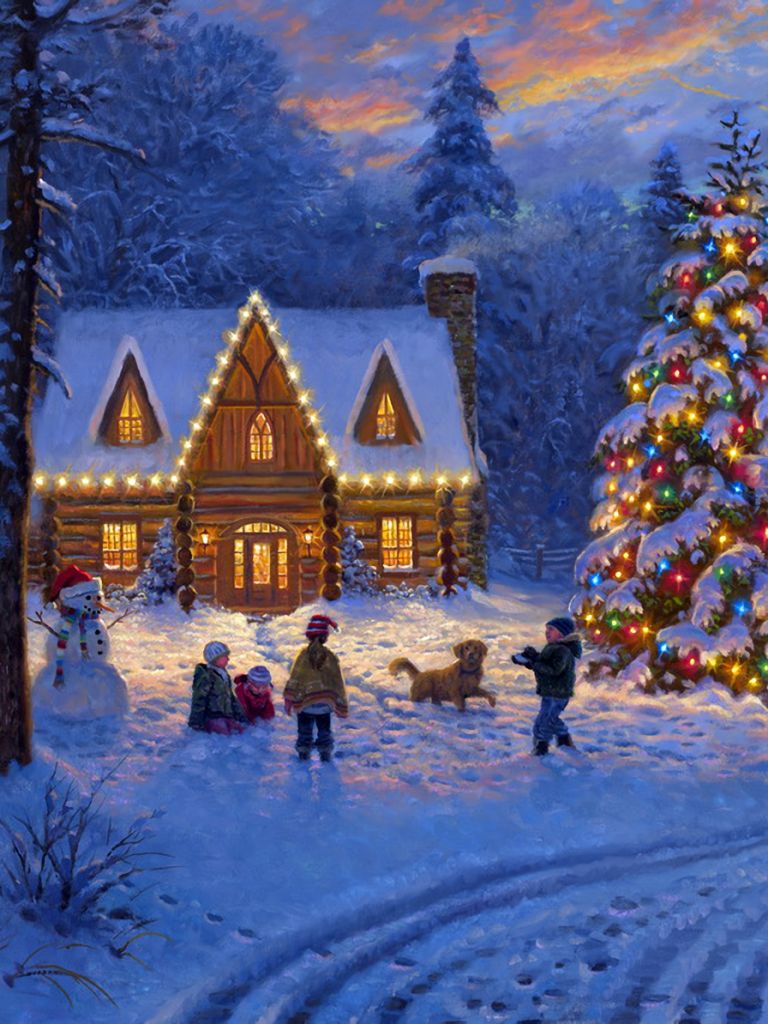 Download mobile wallpaper Snow, Snowman, Christmas, Holiday, House, Christmas Tree, Child for free.