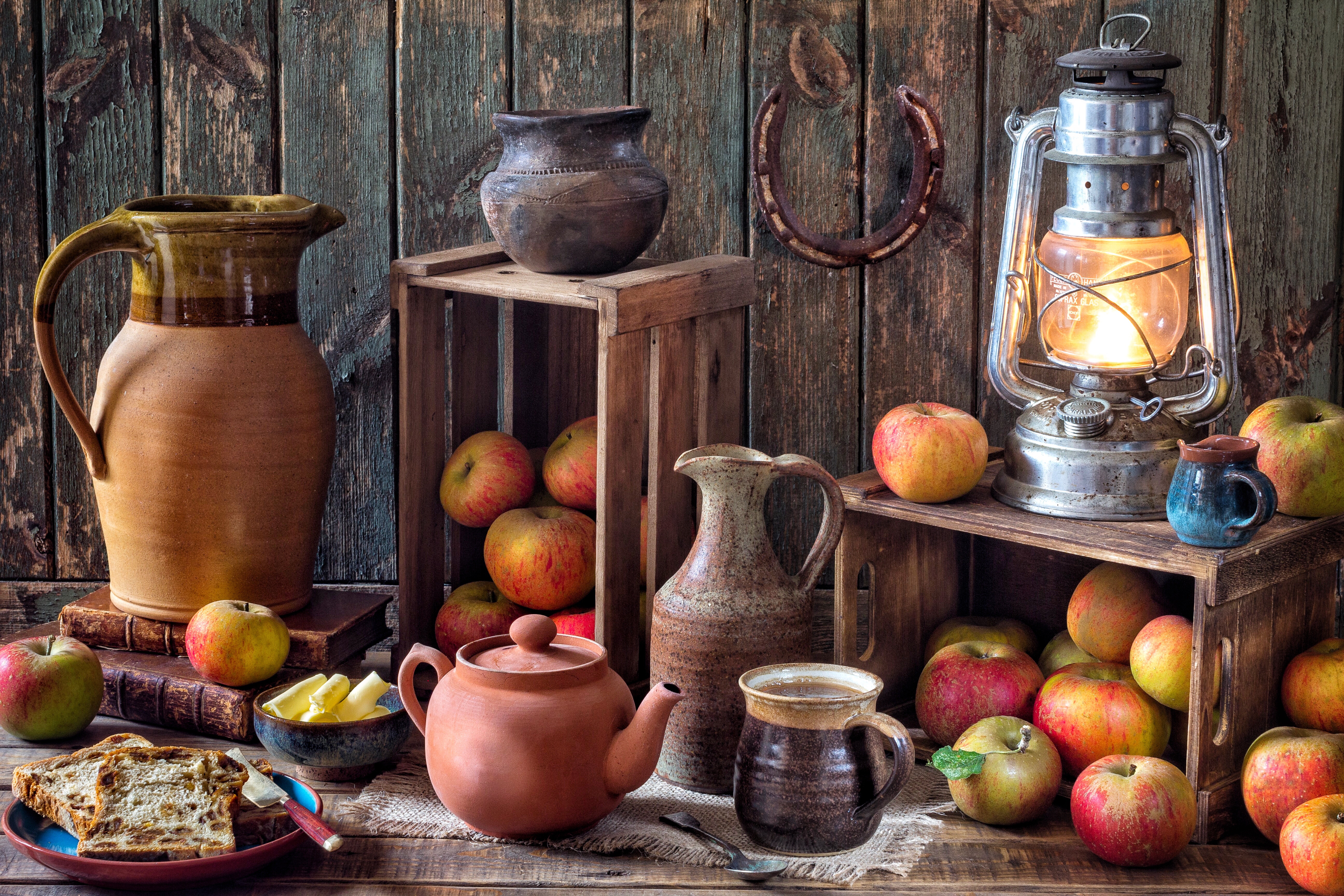 photography, still life, apple, lantern, teapot, vase