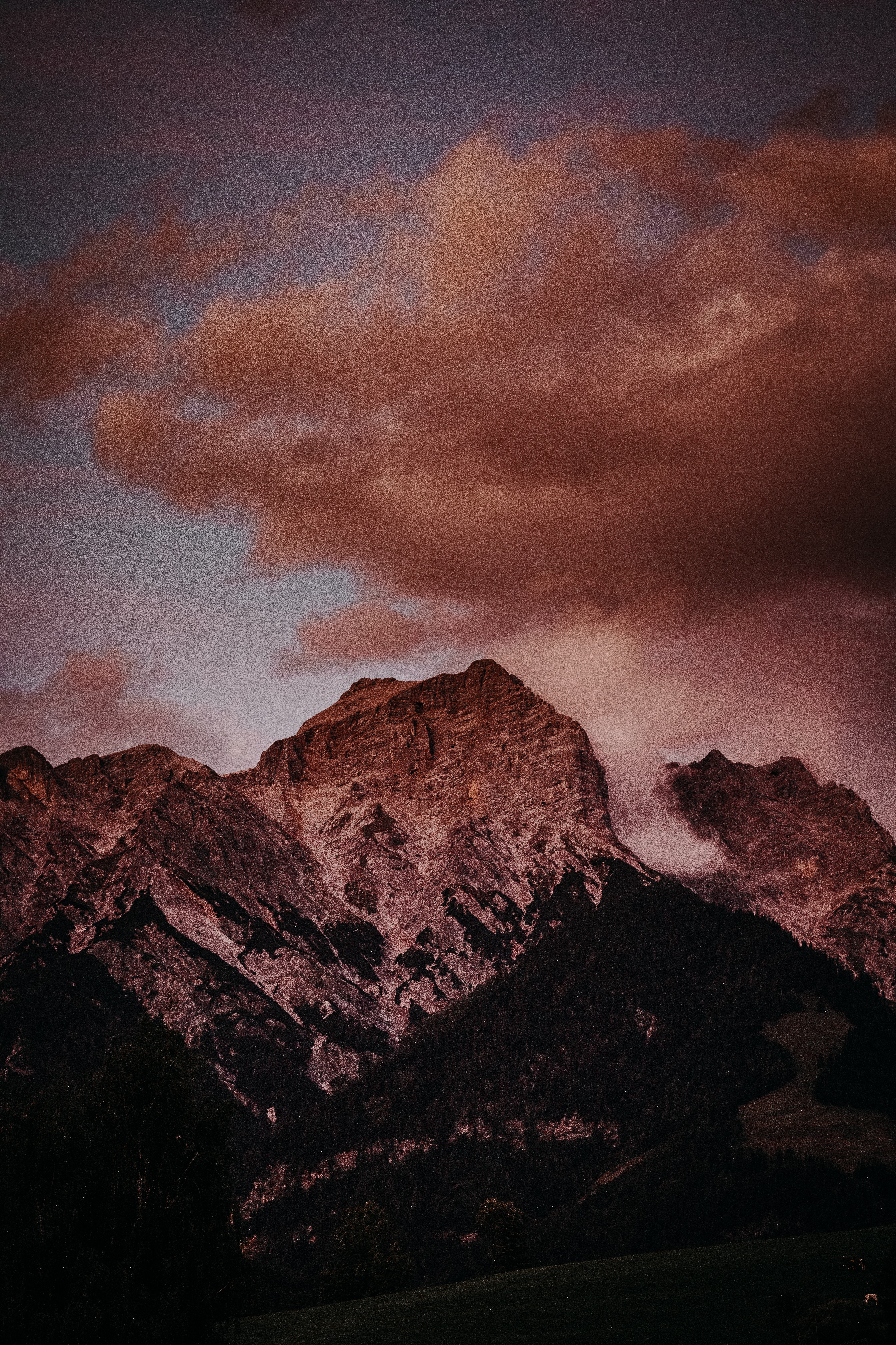 Download mobile wallpaper Top, Clouds, Mountains, Vertex, Dusk, Twilight, Landscape, Nature for free.