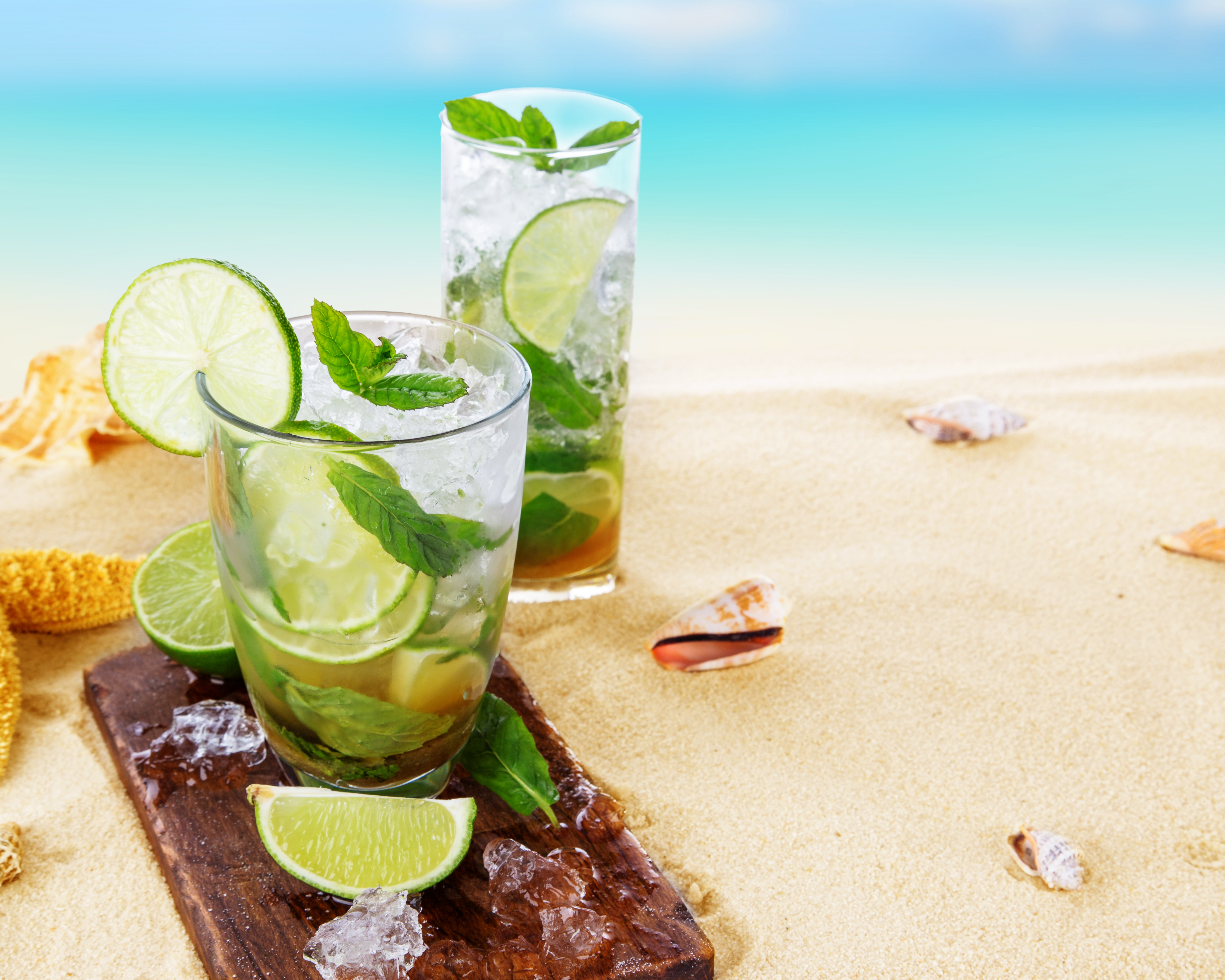 food, cocktail, drink, glass, ice, lime, mojito, sand, shell, summer