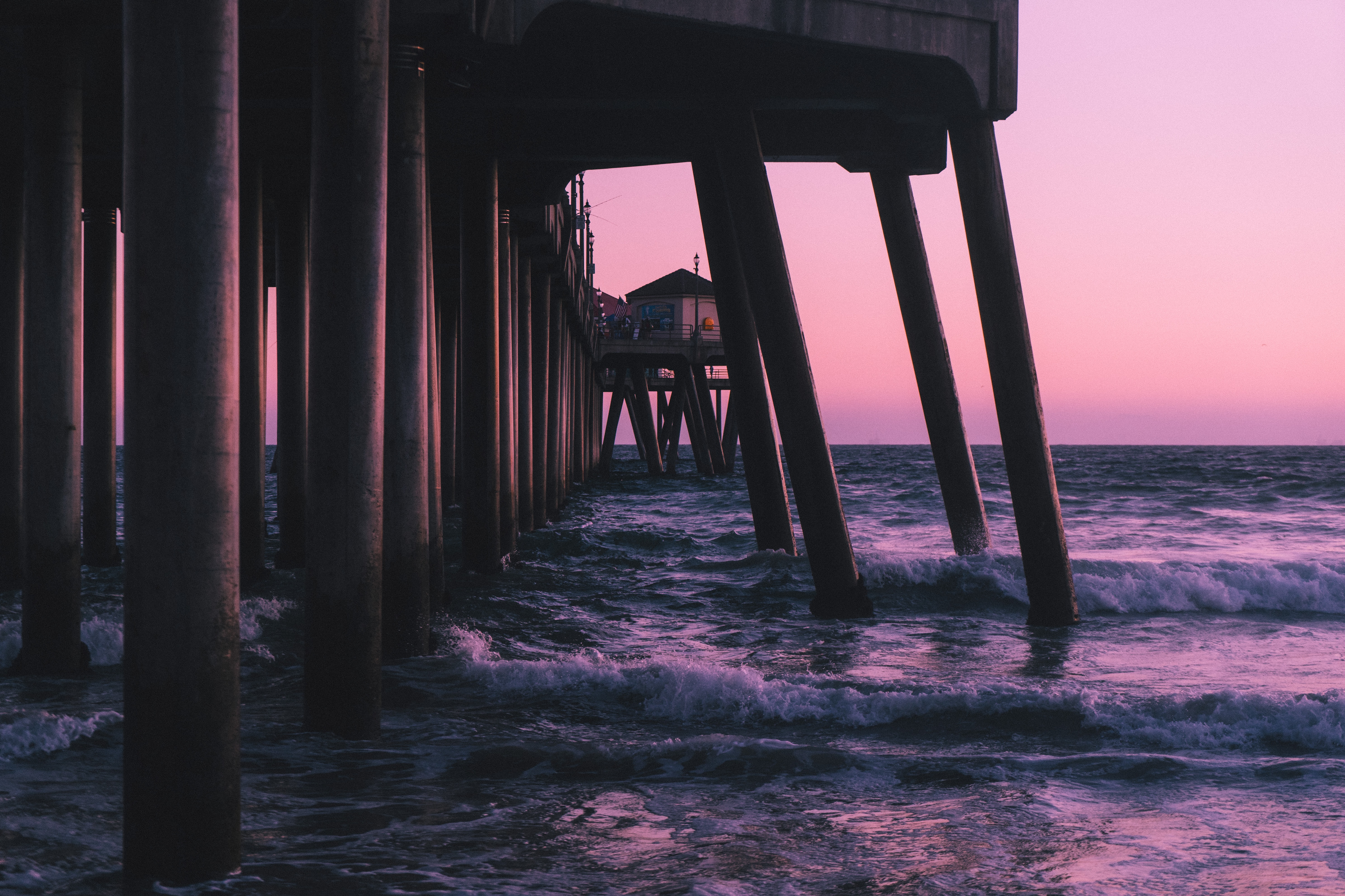 Download mobile wallpaper Pier, Dusk, Twilight, Waves, Sea, Nature, Water for free.