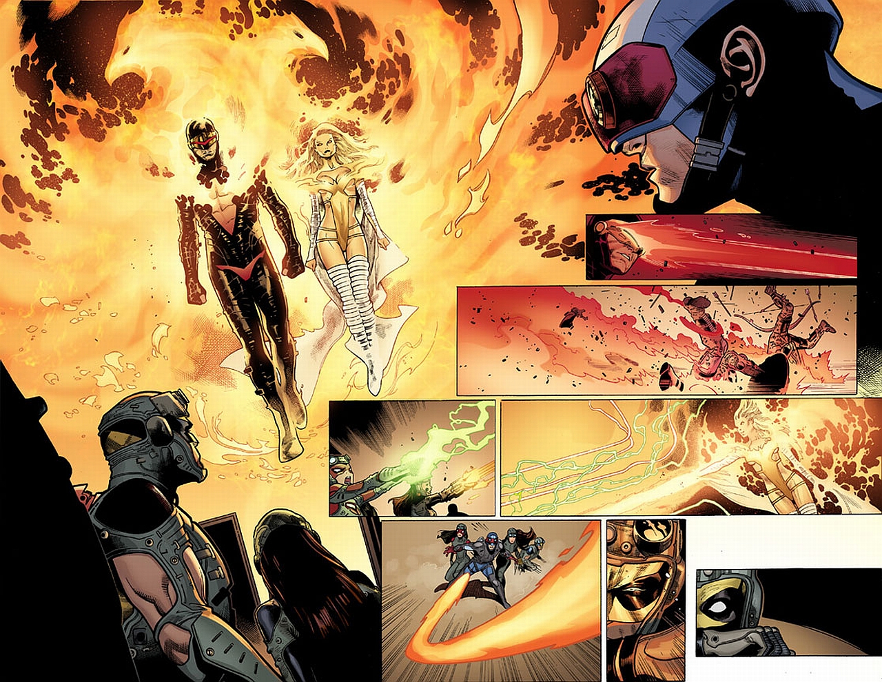 comics, avengers vs x men, cyclops (marvel comics), emma frost, fire, phoenix (marvel comics), thigh boots HD wallpaper