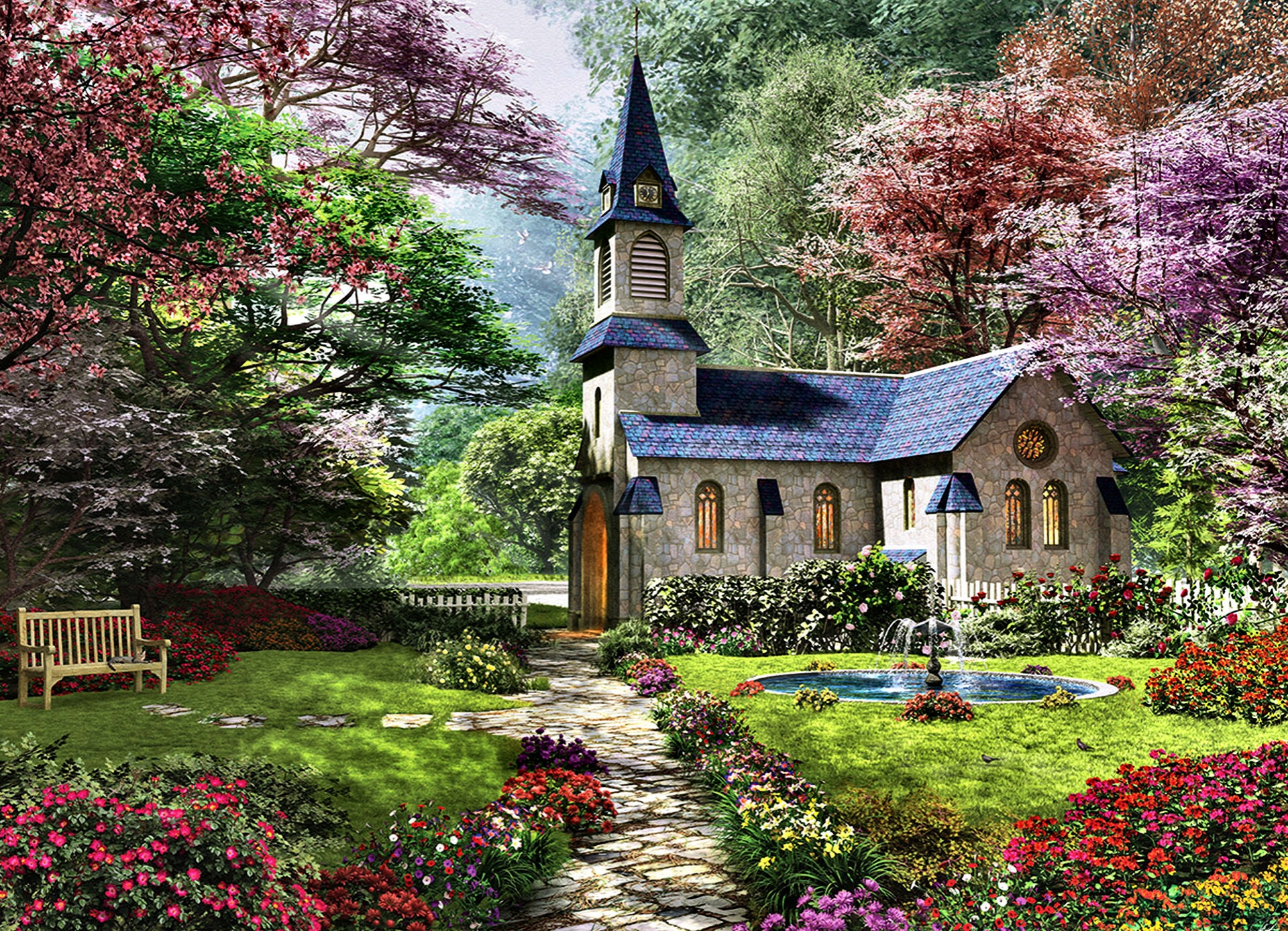 fountain, chapel, garden, path, church, religious, blossom, spring, tree