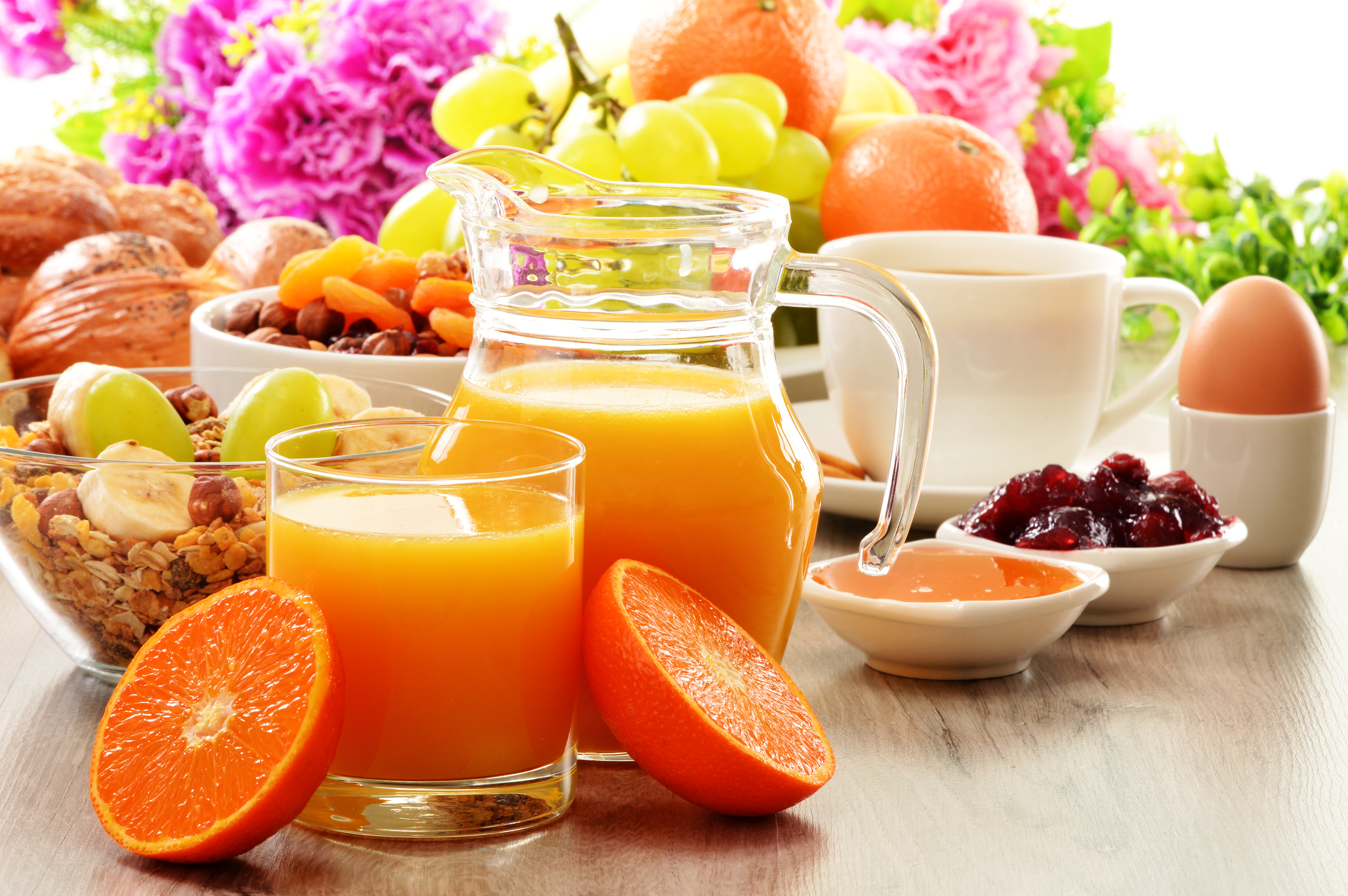 breakfast, food, cup, egg, flower, fruit, jam, juice, muesli iphone wallpaper
