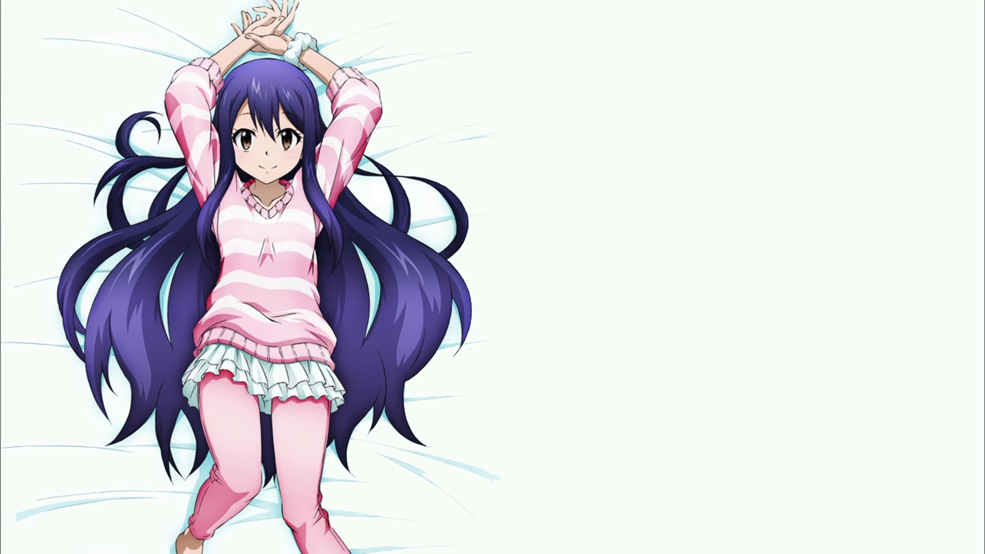 anime, fairy tail, long hair, lying down, purple hair, skirt, sweater, wendy marvell
