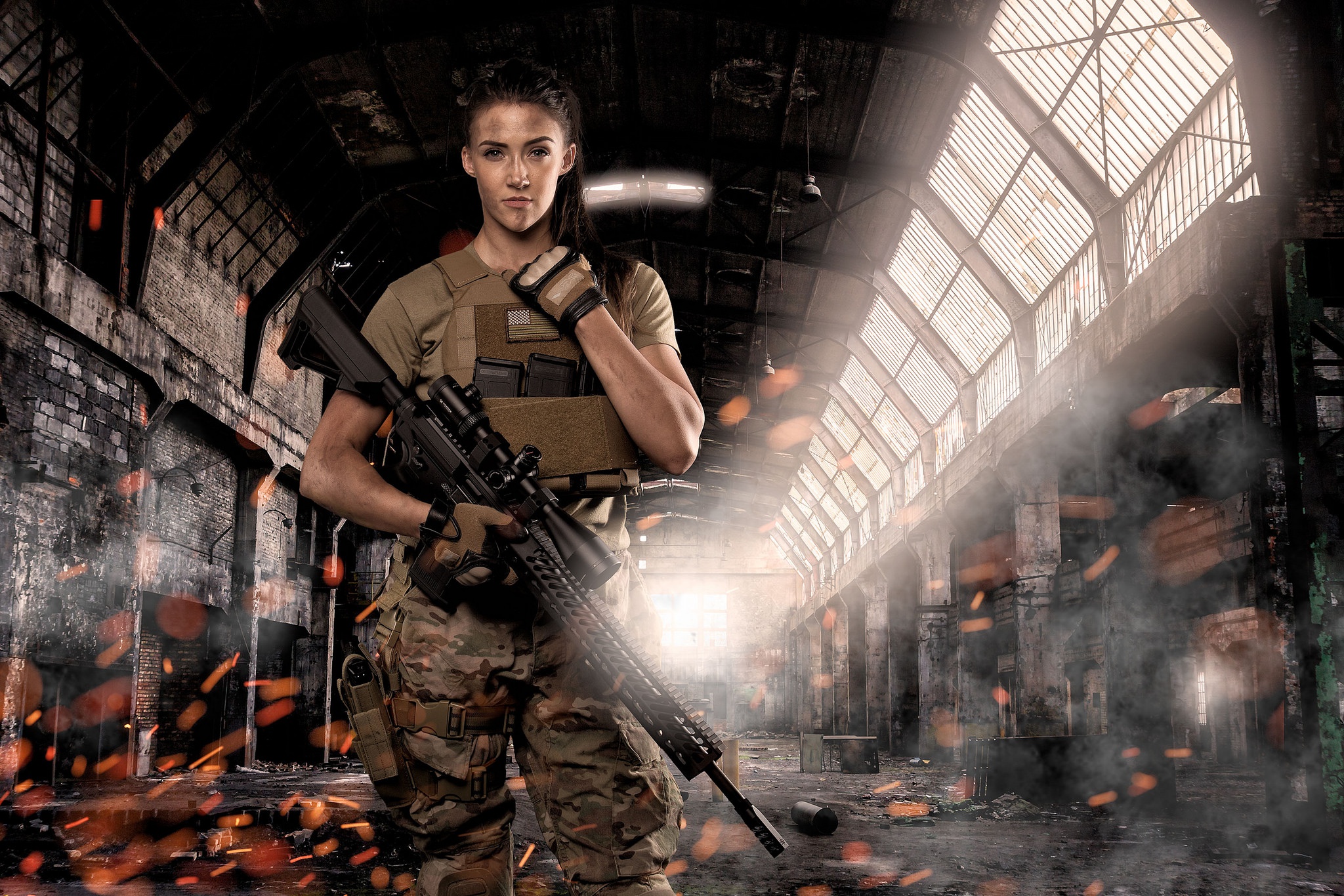 women, girls & guns, assault rifle, brunette, hangar, model, weapon phone background