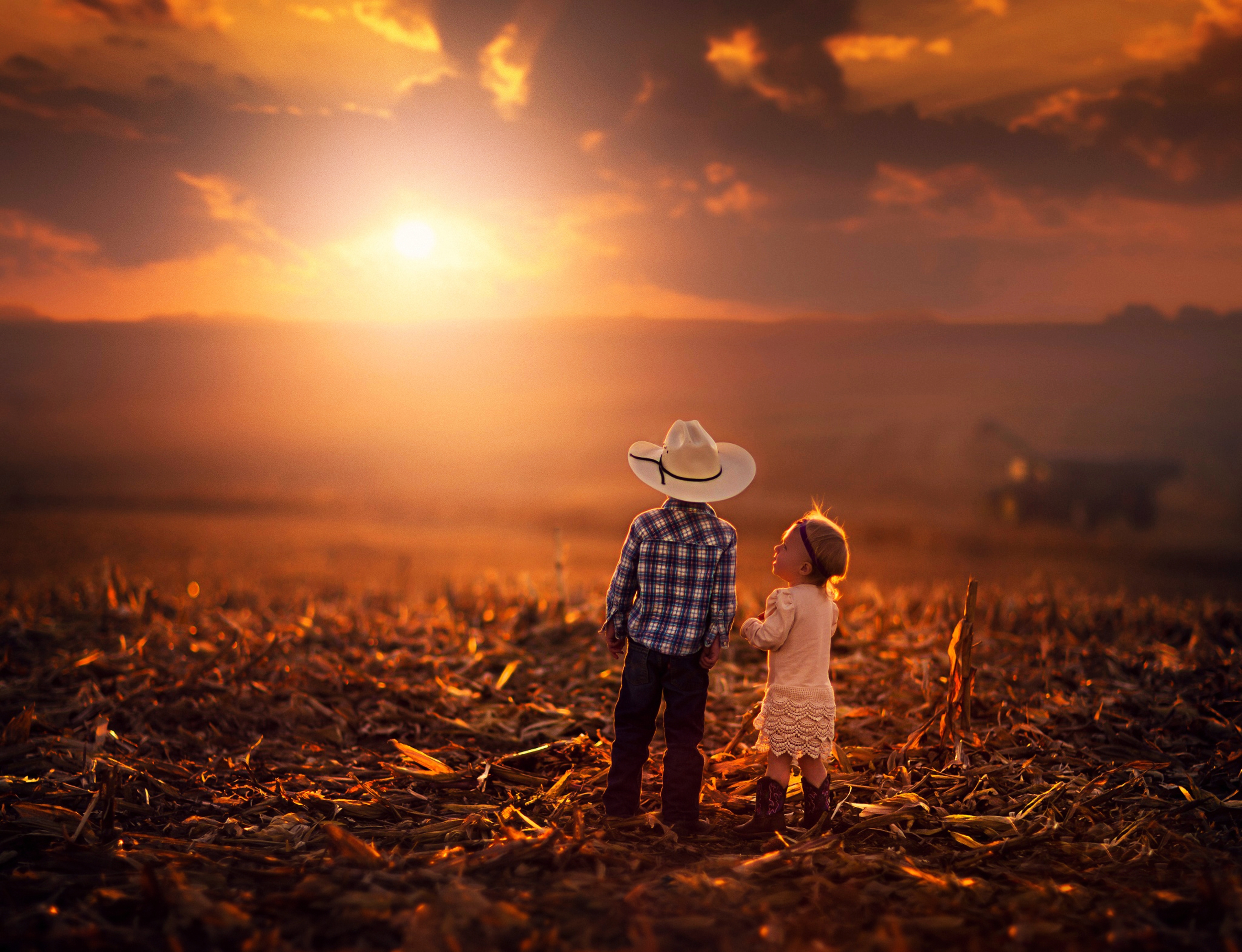 countryside, sunset, photography, child, cowboy, landscape, nature Full HD