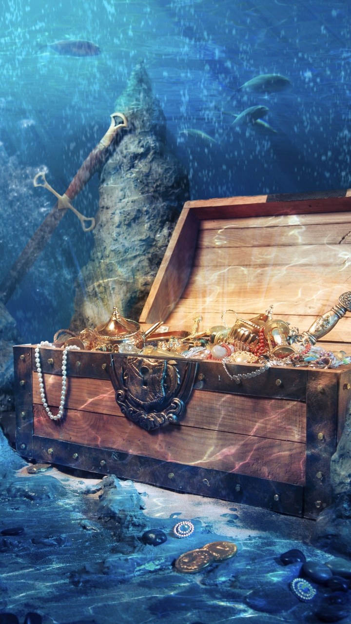 fantasy, ocean, treasure, sea bed, skull, sword