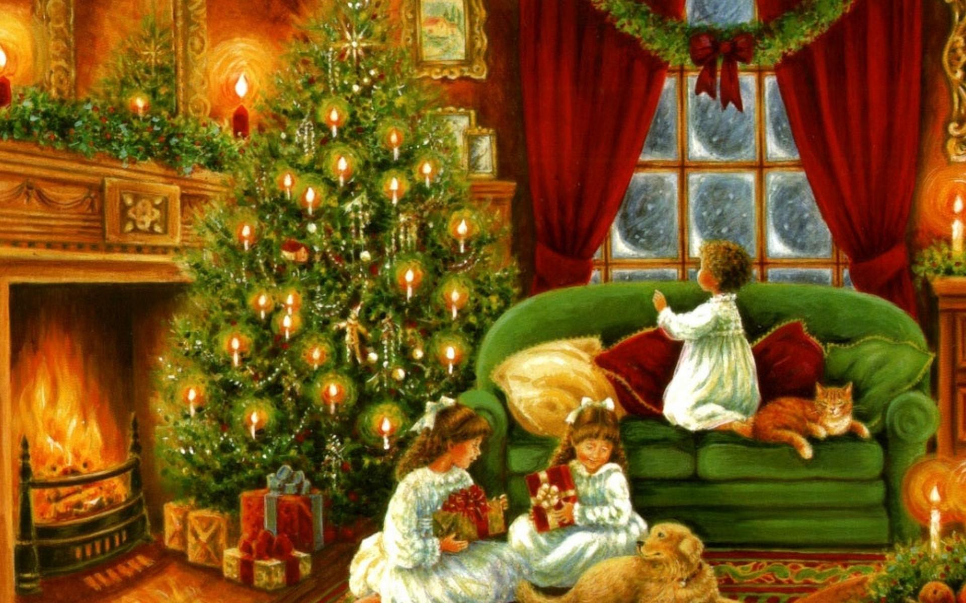 Скачать картинку Рождество, Картина, Рождественская Елка, Ребёнок, Камин, Праздничные в телефон бесплатно.