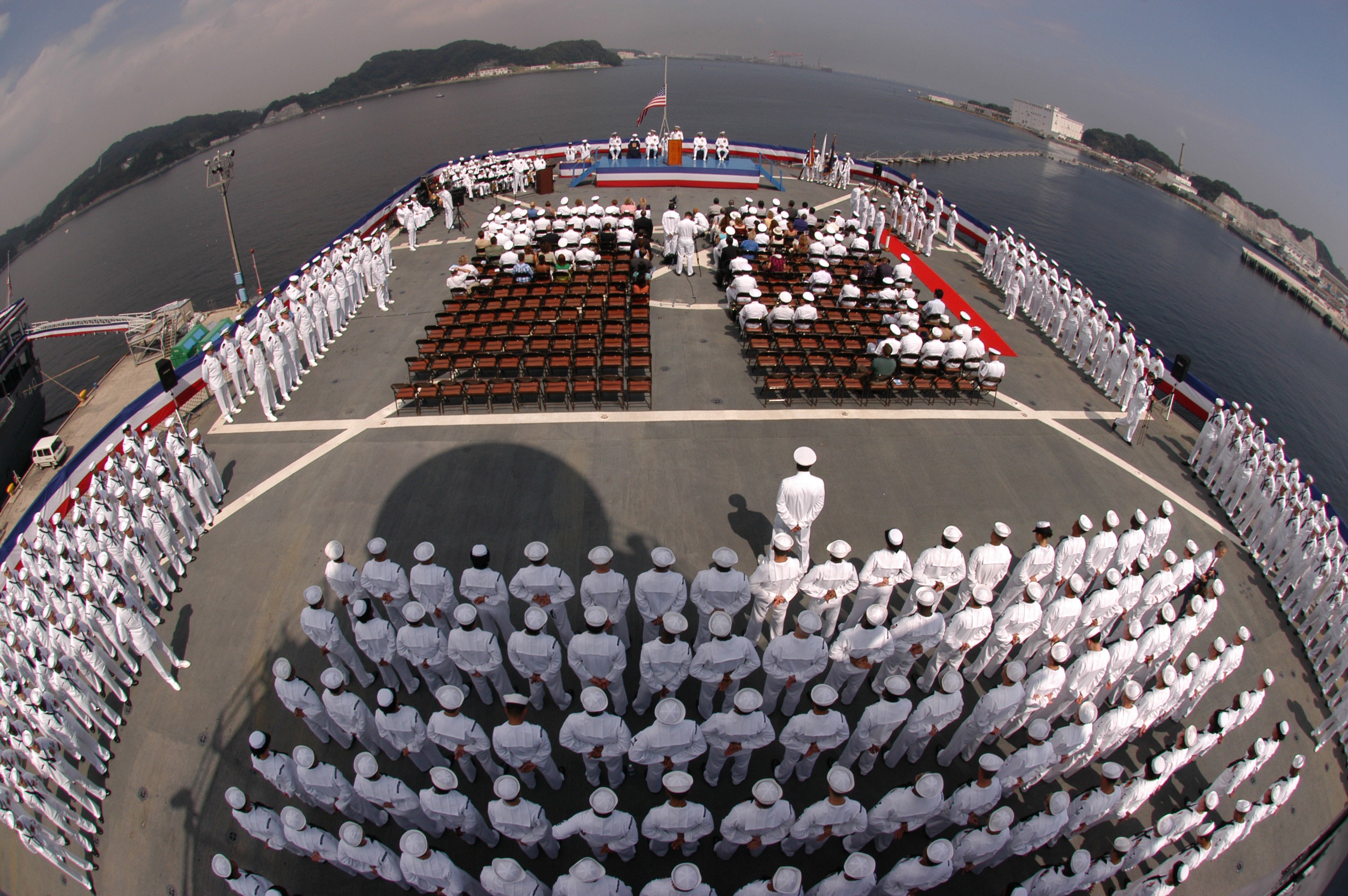photography, fisheye, aircraft carrier, ceremony, military, navy, sailor, ship 5K