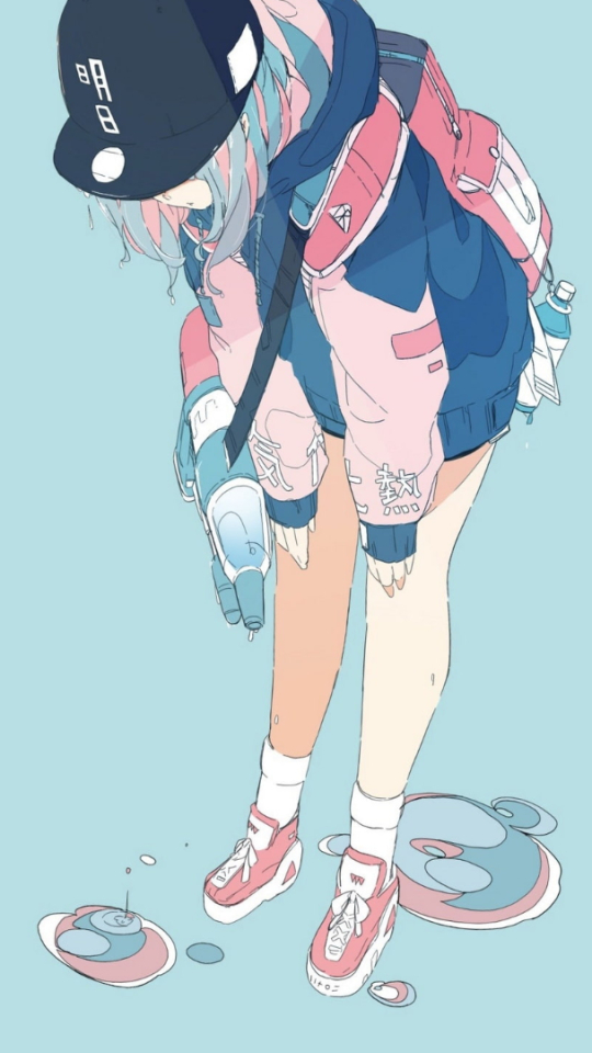 anime, original, hat, water, blue hair, backpack