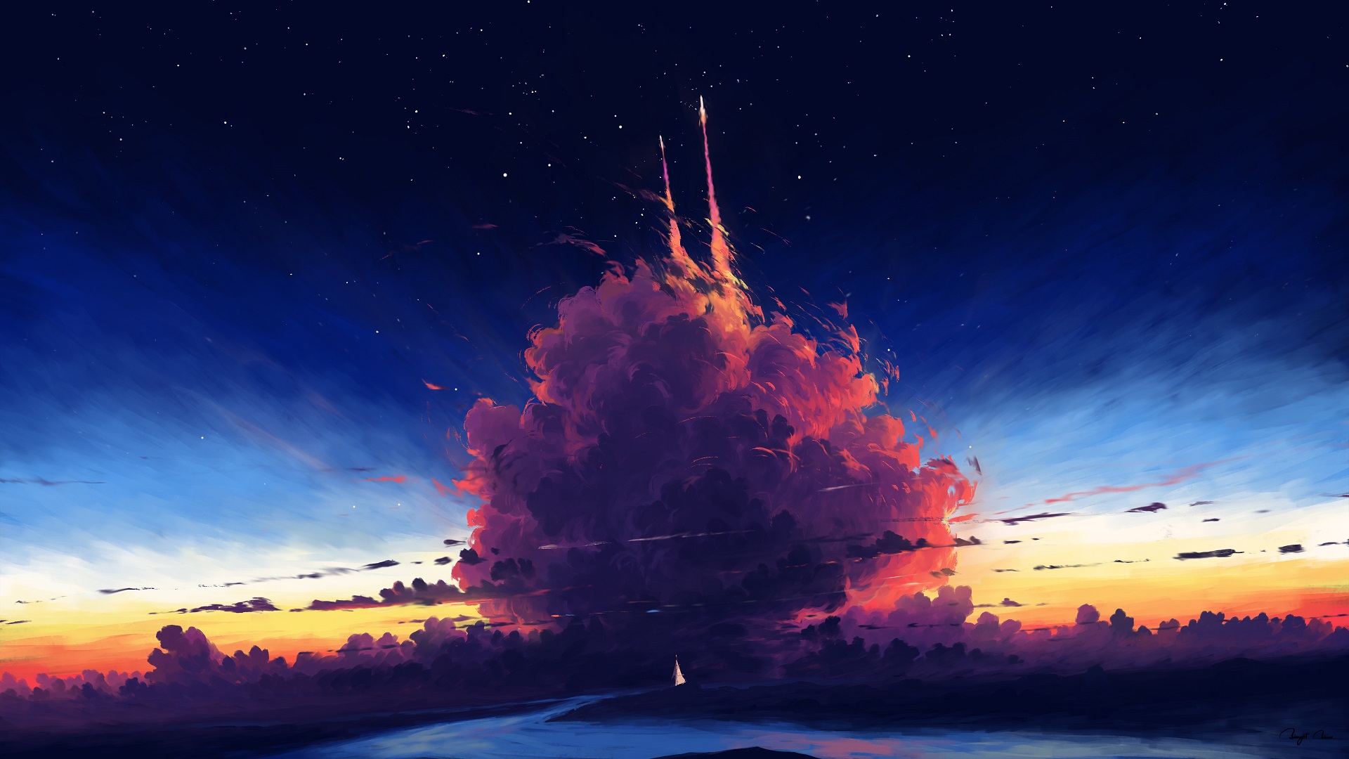 rocket, artistic, sky, cloud