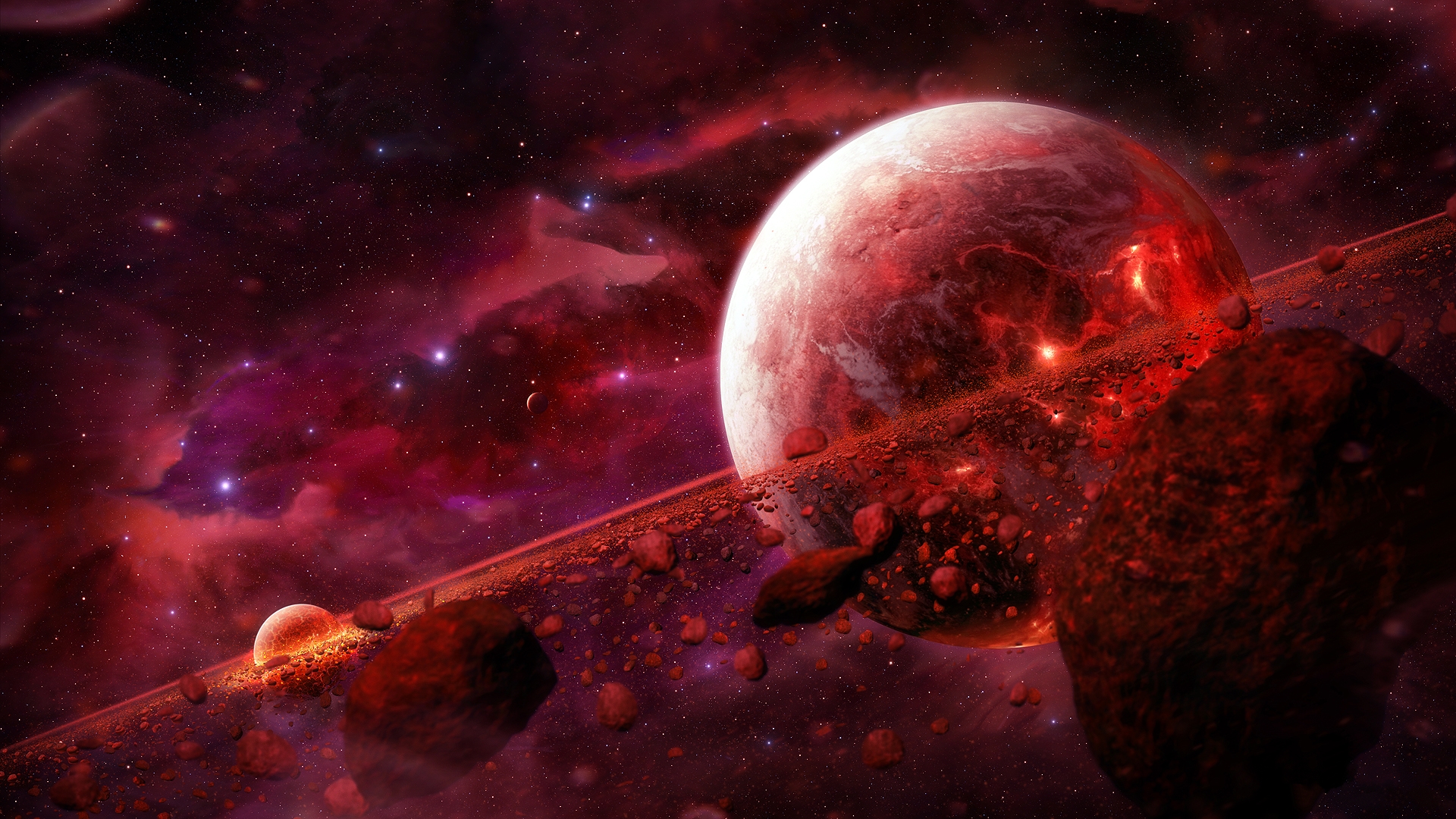 red, sci fi, space, asteroid, nebula, planet