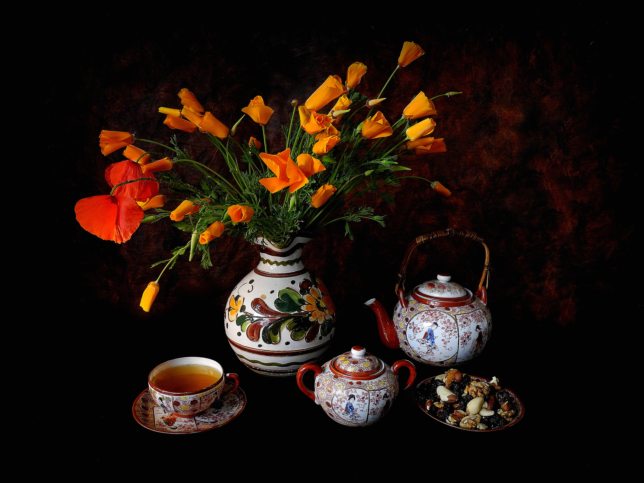 photography, still life, flower, nut, orange flower, tea, teapot Phone Background
