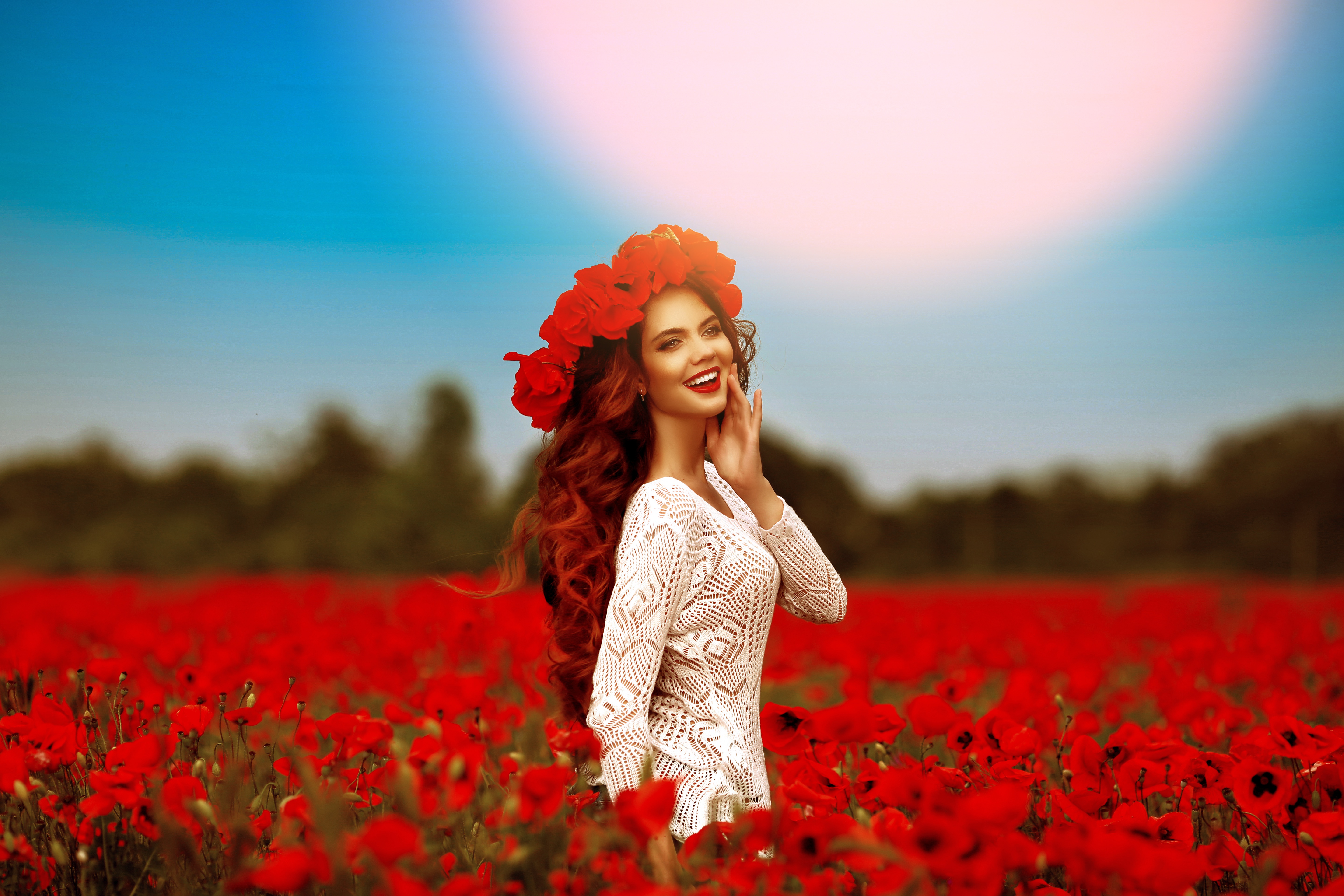 blur, women, model, field, lipstick, poppy, red flower, redhead, smile, wreath