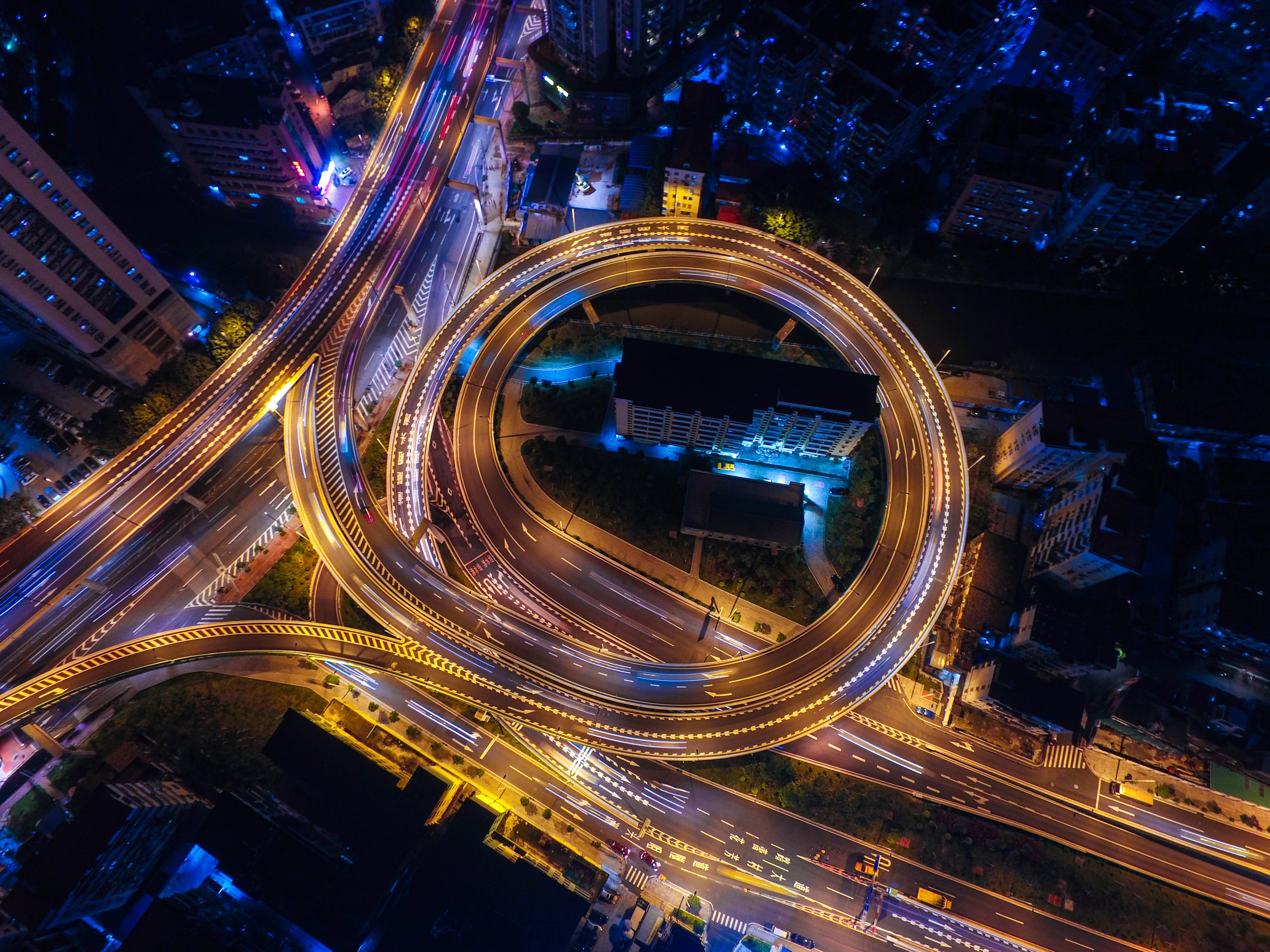 Download mobile wallpaper Denouement, Traffic, Movement, Interchange, View From Above, Cities, Night City for free.