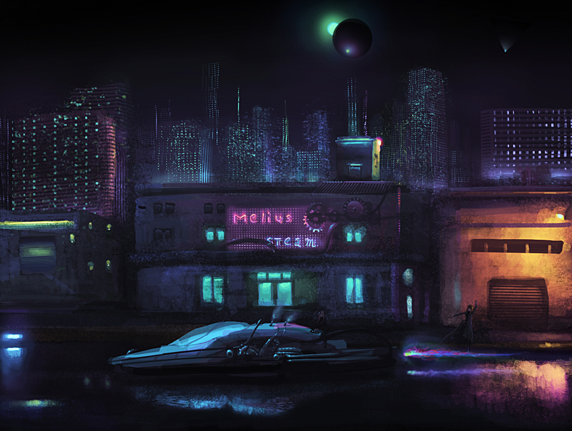 futuristic city night anime