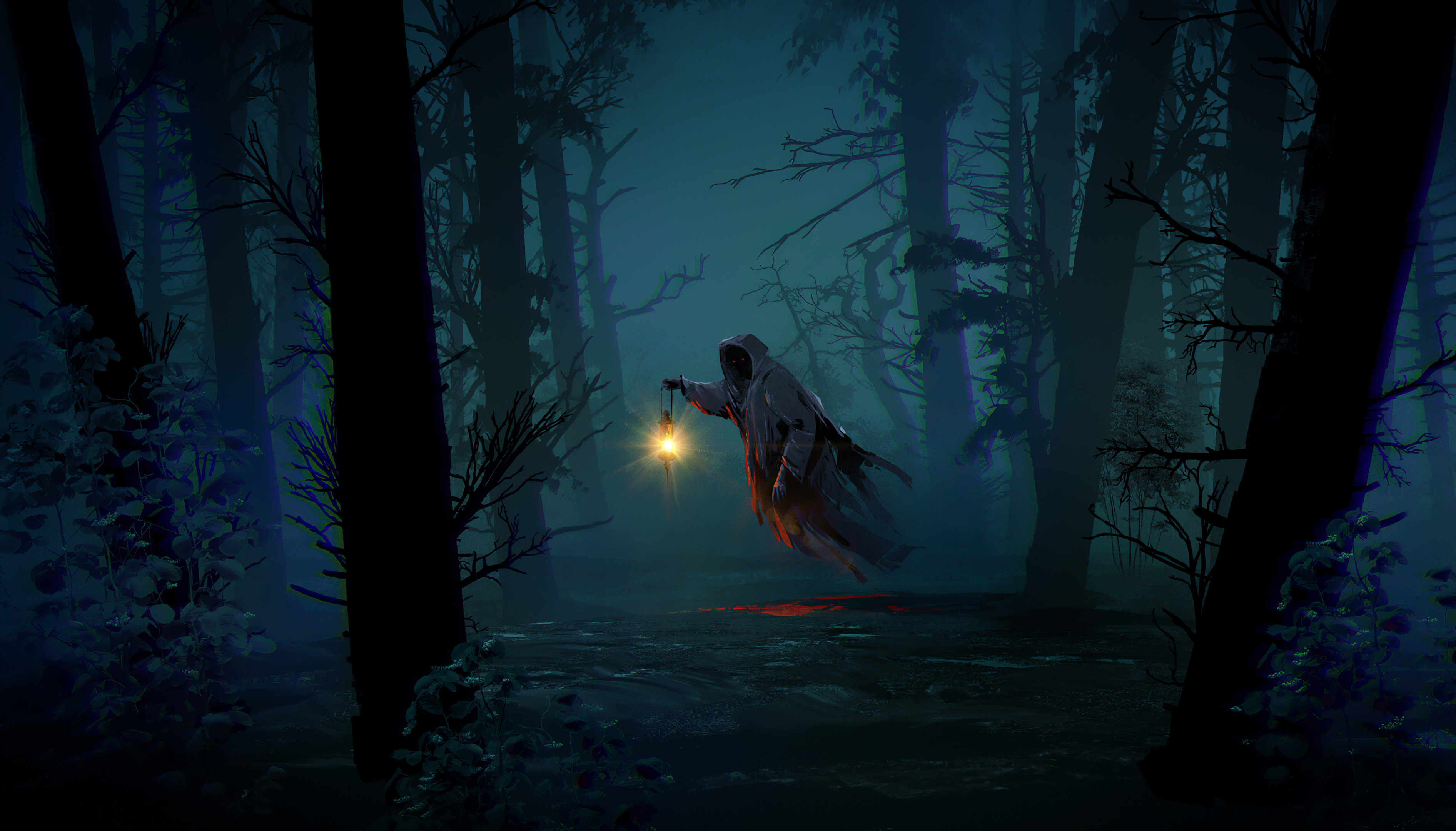 ghost, dark, cloak, forest, lantern, night HD wallpaper