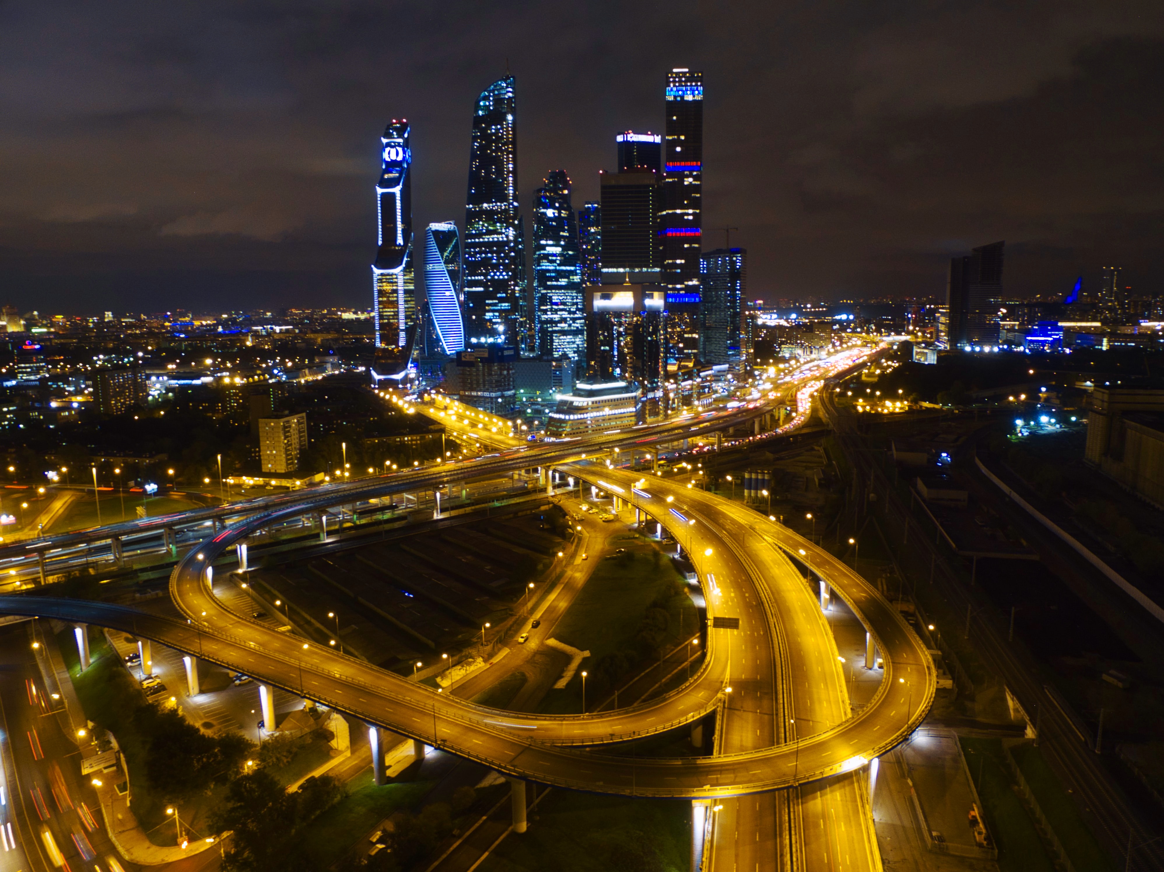 cities, roads, night, moskow, city, building, view from above, russia Full HD