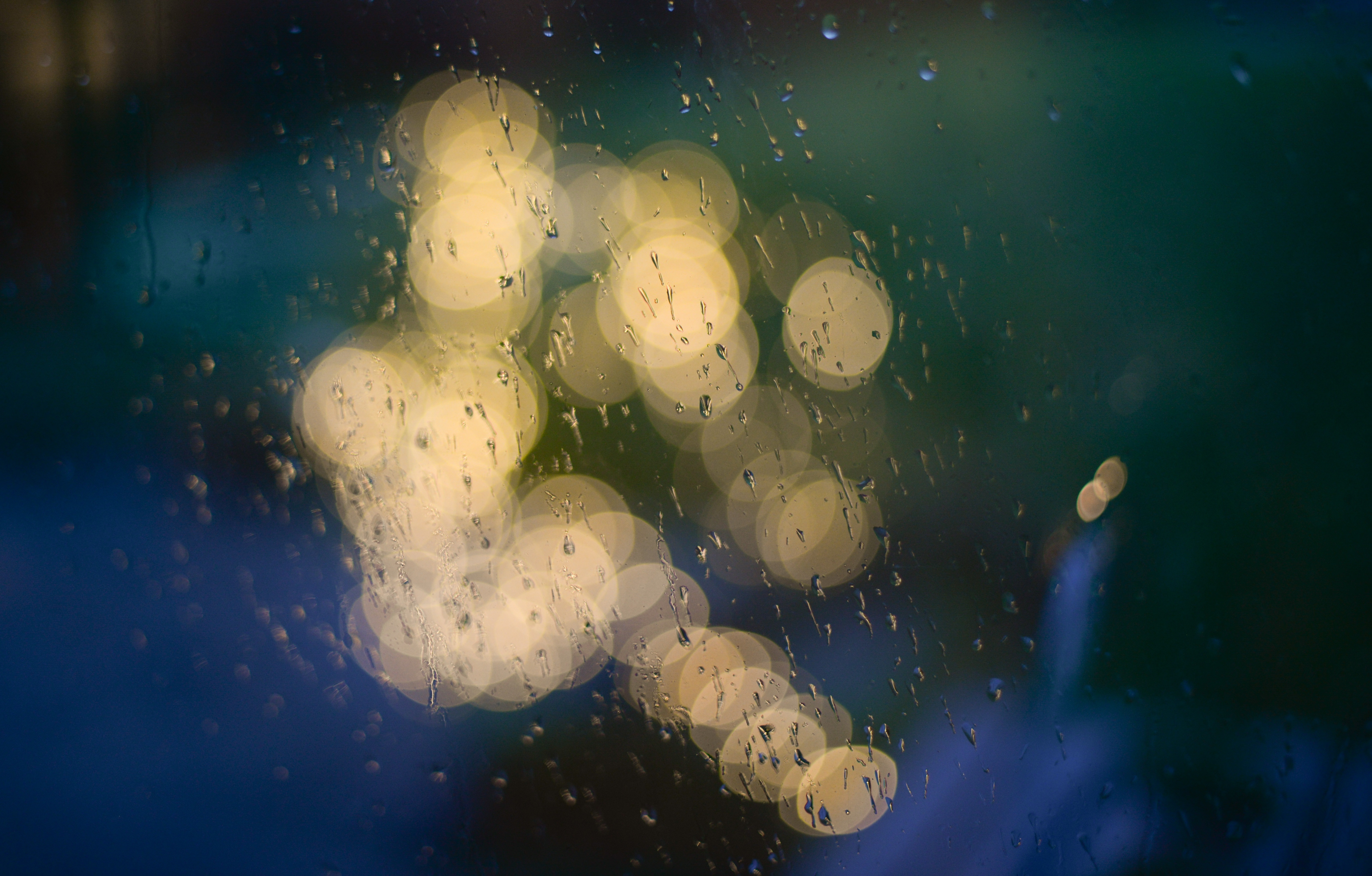 surface, rain, drops, lights, macro, wet, glass, bokeh, boquet