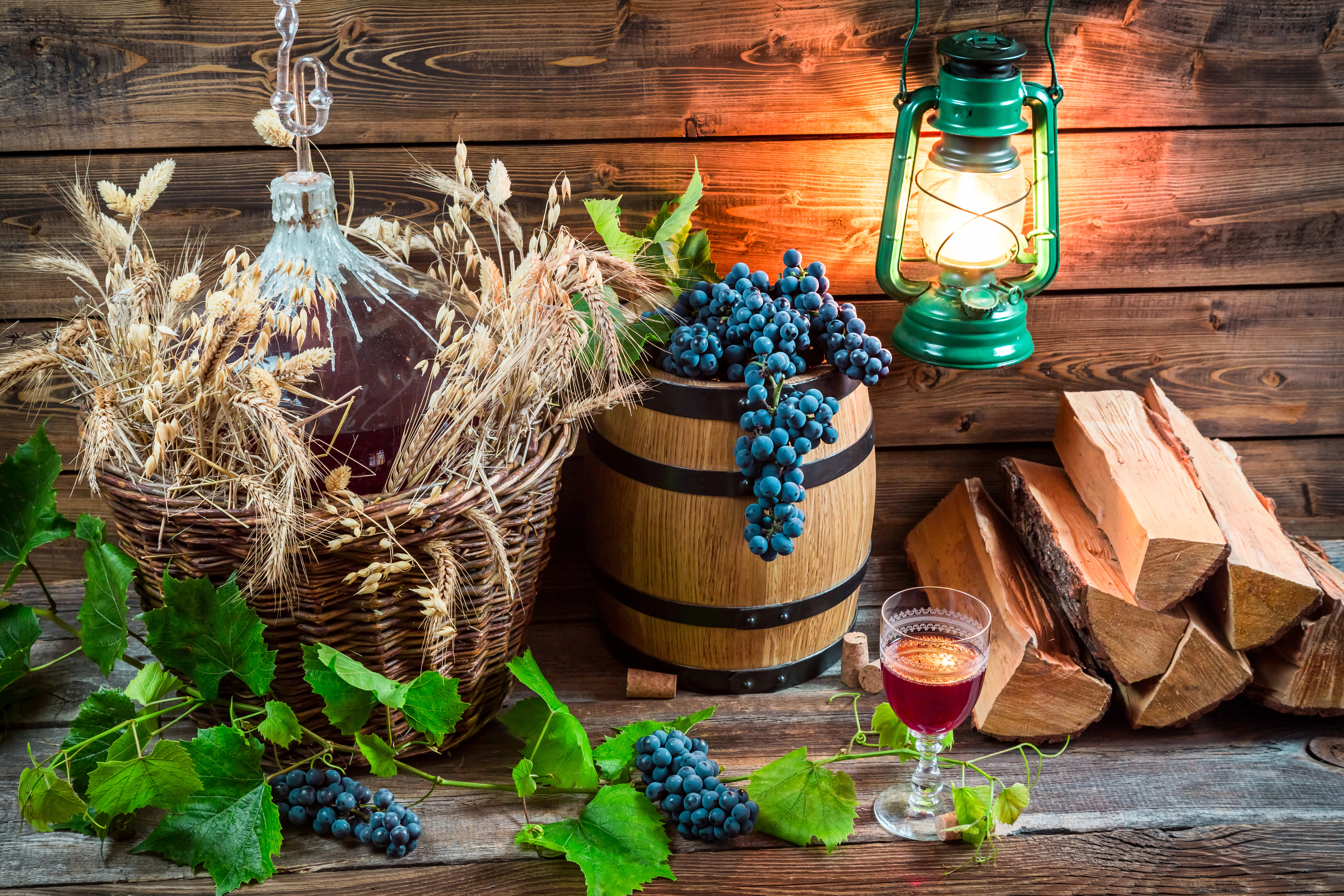 glass, wine, photography, still life, barrel, basket, grapes, lantern, log Phone Background