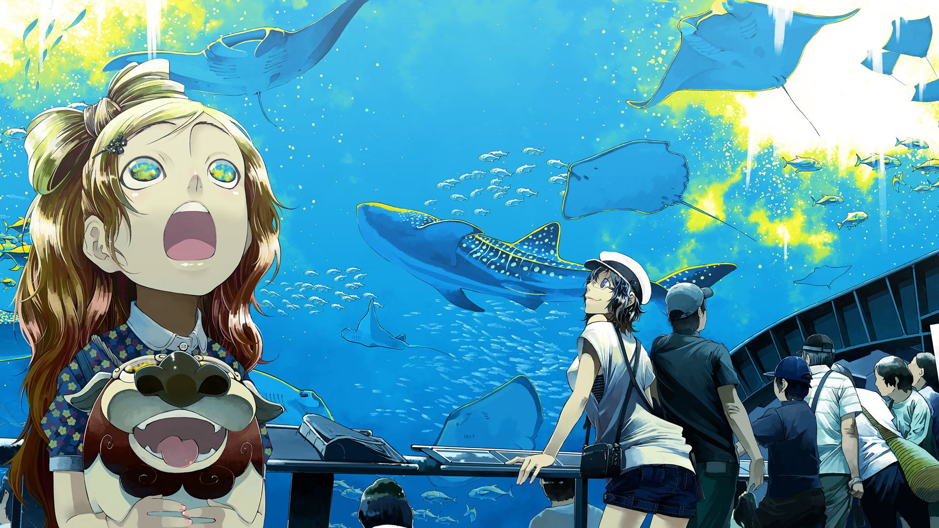 Download mobile wallpaper Anime, Water, Aquarium, Fish, Shark, Original, Manta Ray, Whale Shark for free.