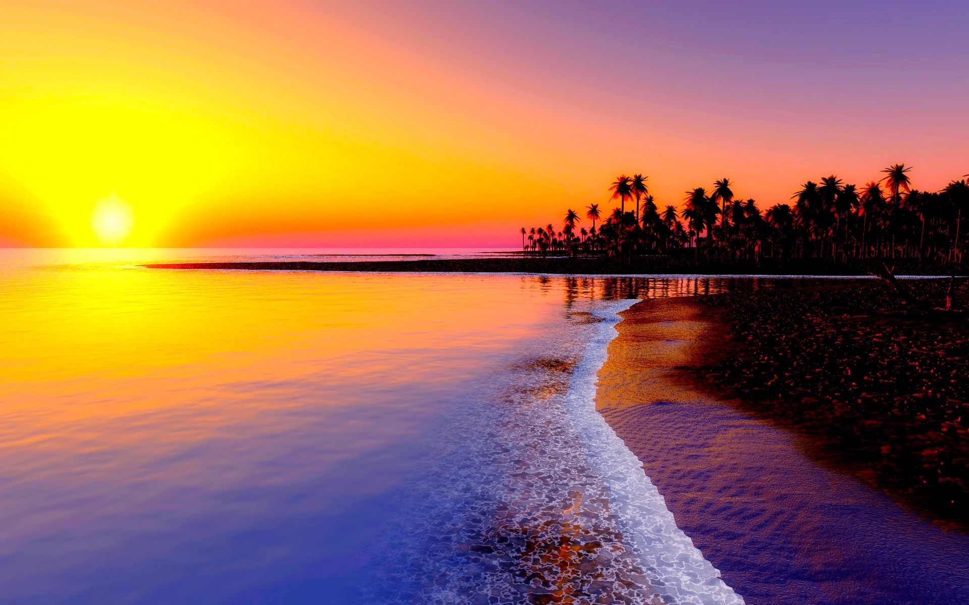 beach, sunset, nature, sea, tropics, sand, palms Smartphone Background