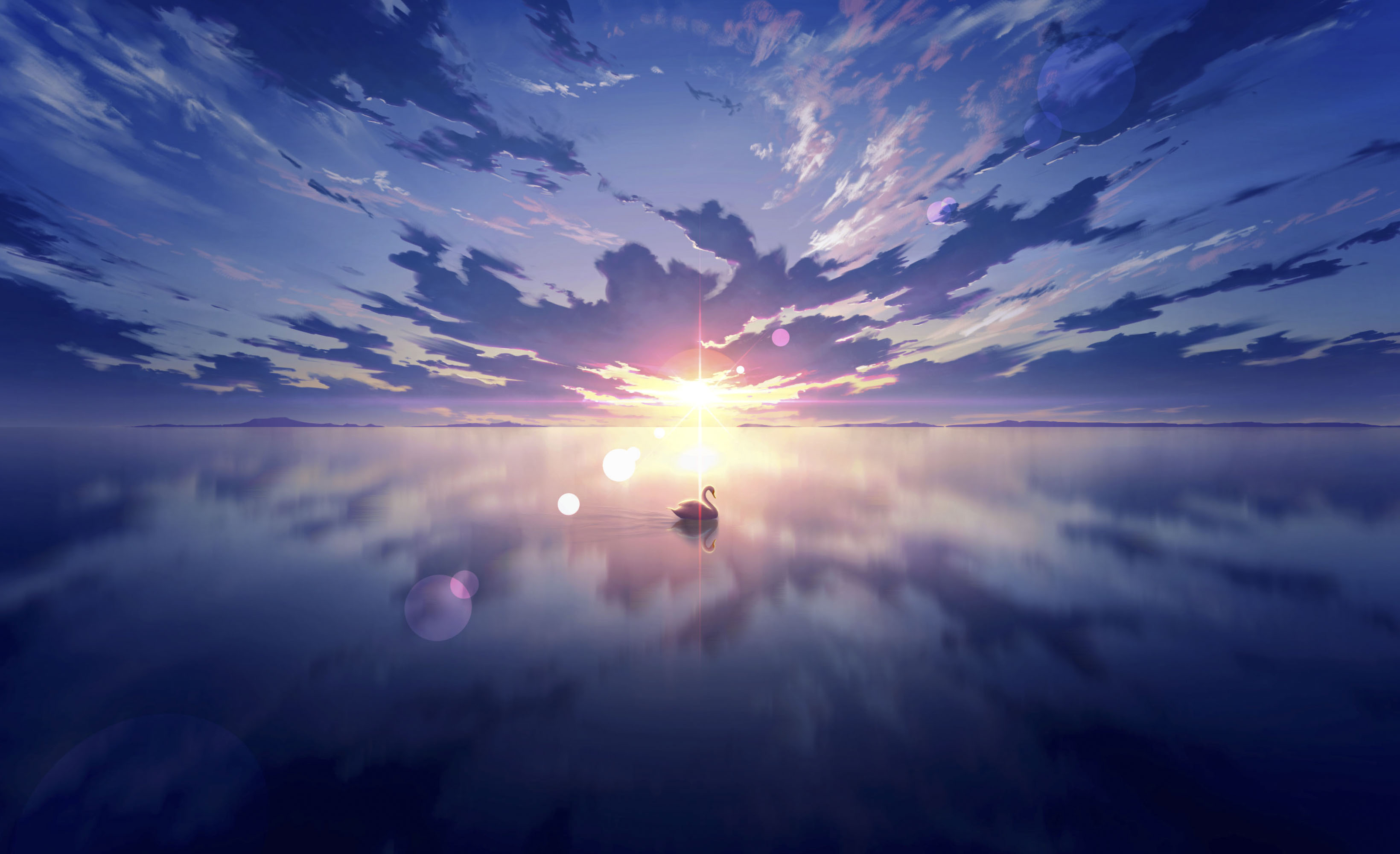 swan, lake, anime, landscape