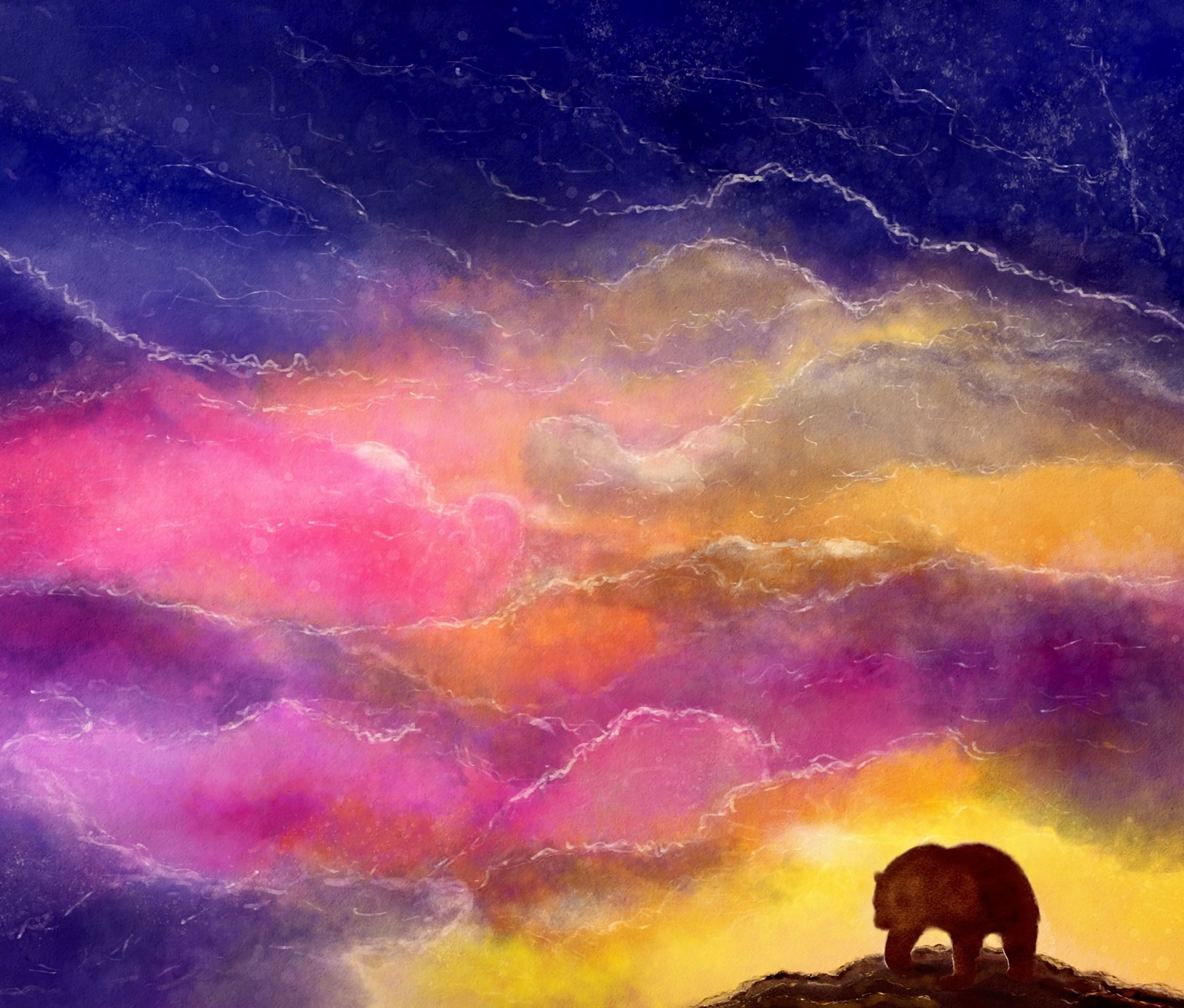 art, bear, sky, multicolored, motley 2160p