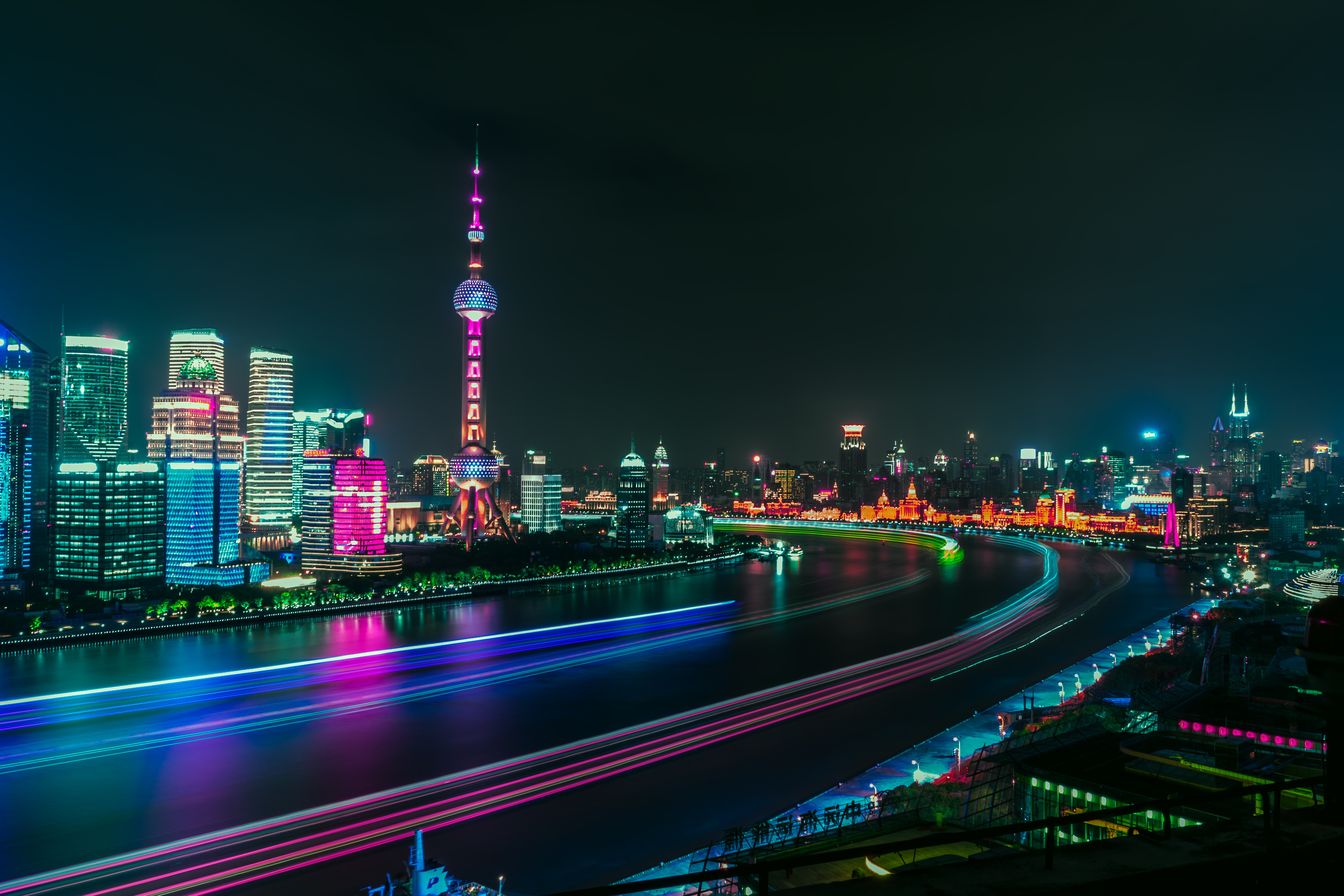 Free download wallpaper Cities, Rivers, Long Exposure, Panorama, City, City Lights, Night on your PC desktop