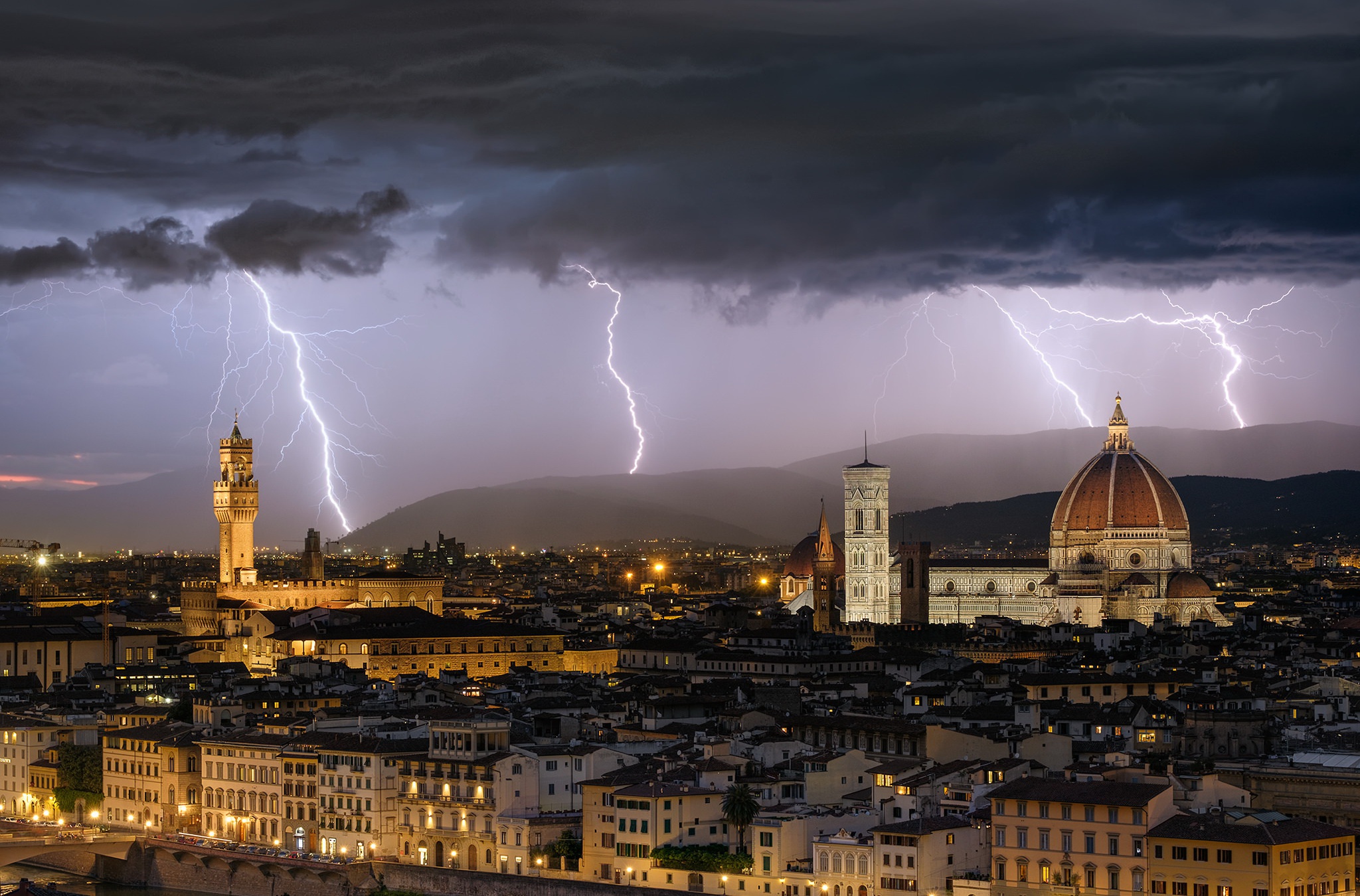 florence, man made, building, city, cityscape, cloud, dome, italy, lightning, night, cities Full HD