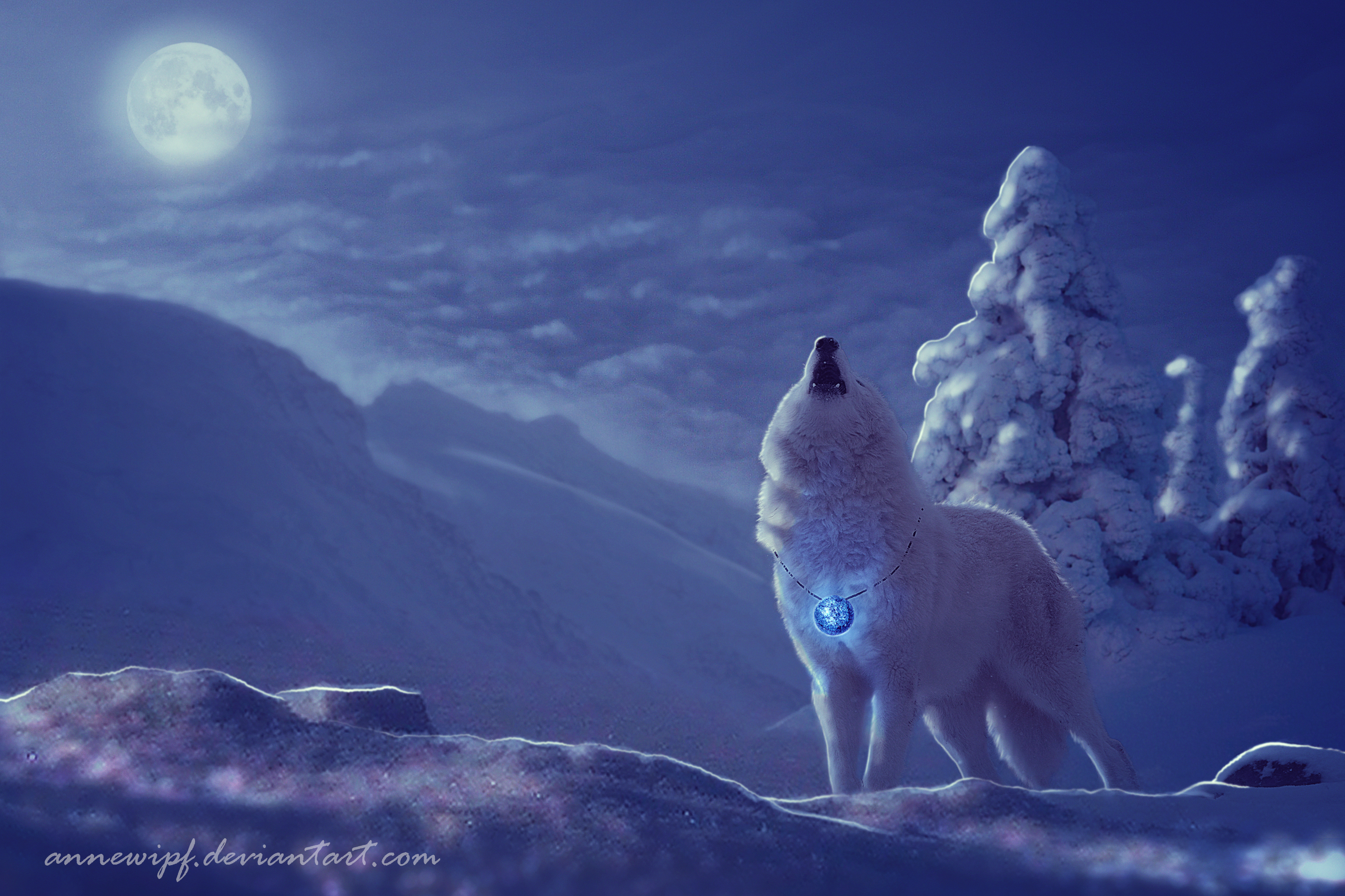 420802 скачать обои волк, белый волк, волки, луна, животные, ночь, снег, дерево, зима - заставки и картинки бесплатно