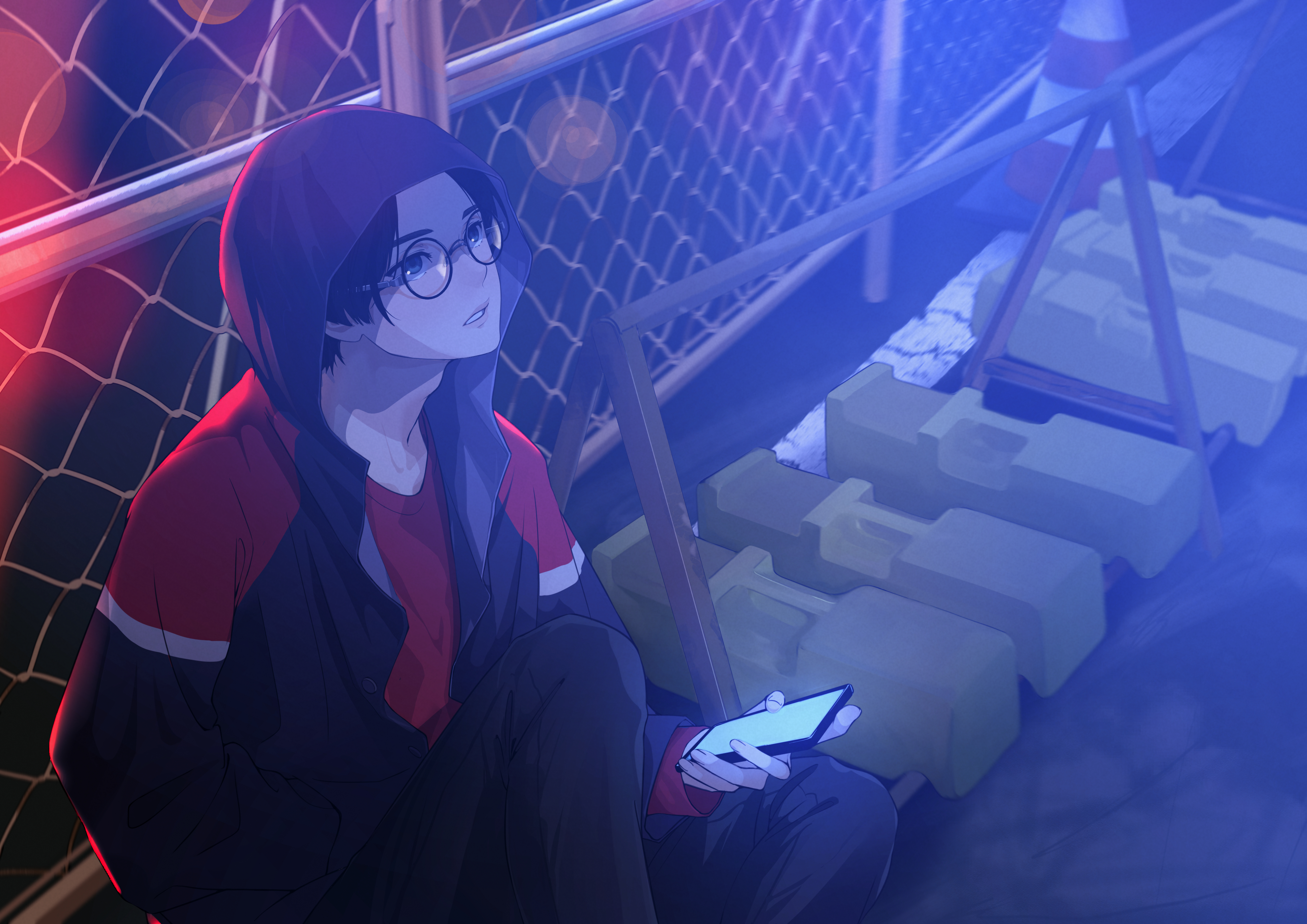 boy, glasses, anime, night, phone Phone Background
