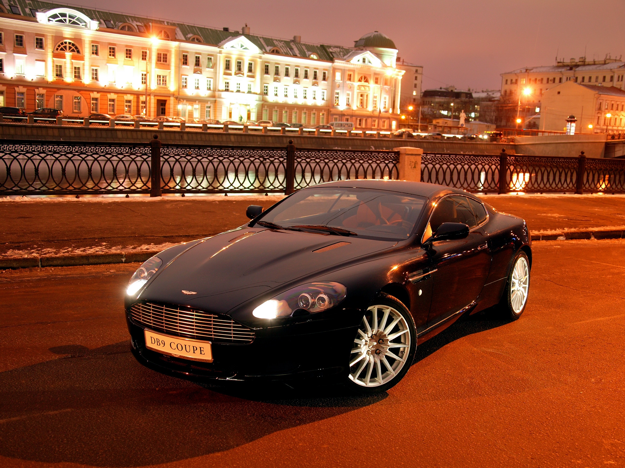 aston martin, houses, black, auto, cars, city, lights, asphalt, front view, style, 2004, db9 lock screen backgrounds