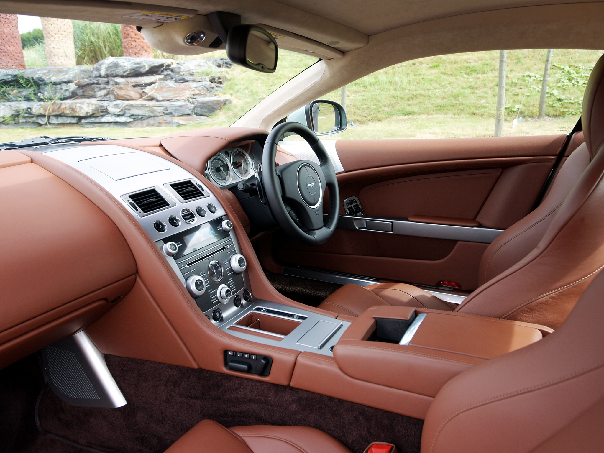 steering wheel, skin, salon, leather, interior, aston martin, cars, brown, rudder, speedometer, db9, 2010 images