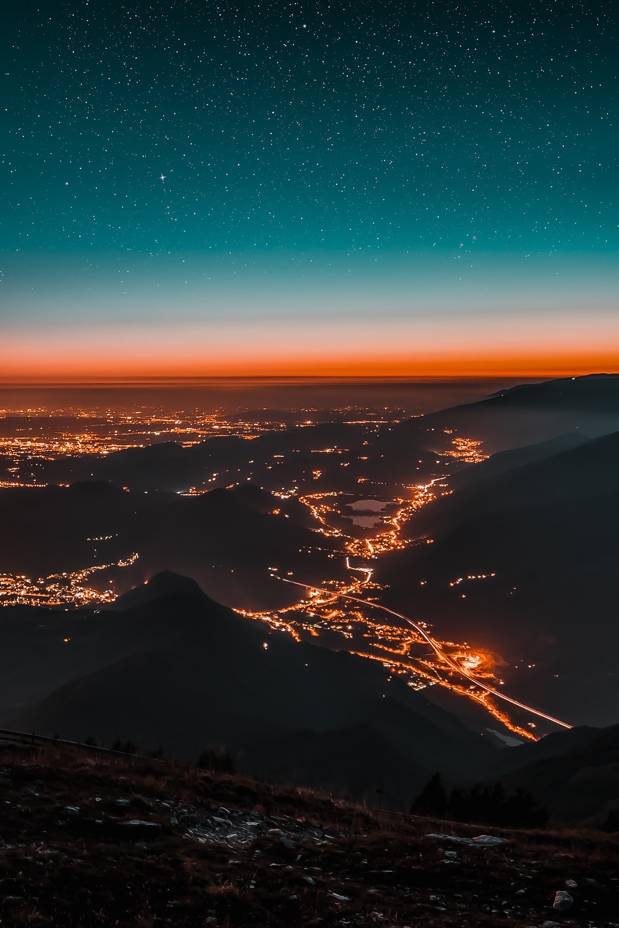 lights, night city, starry sky, cities, mountains, view from above HD wallpaper