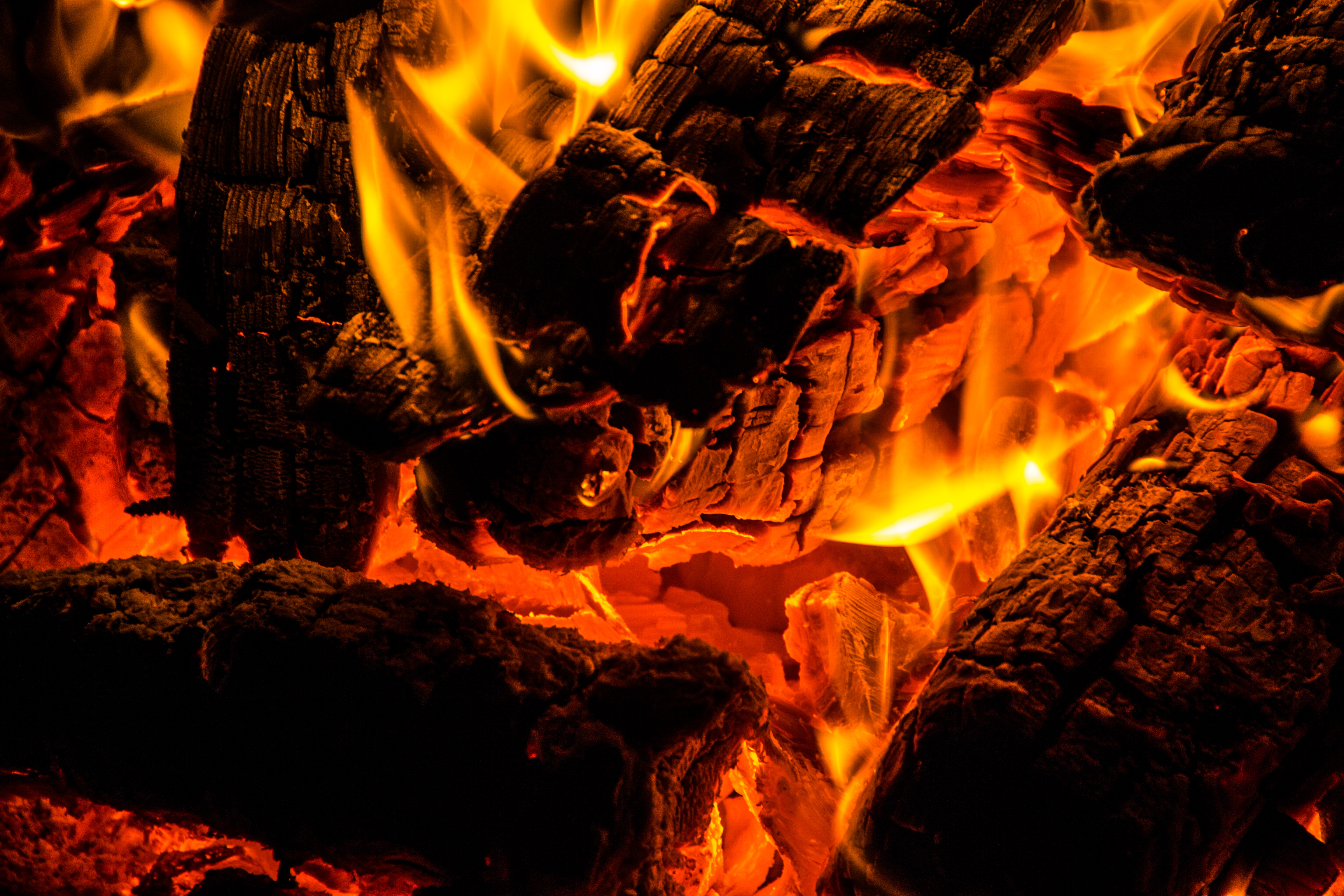 bonfire, fire, coals, dark, flame UHD