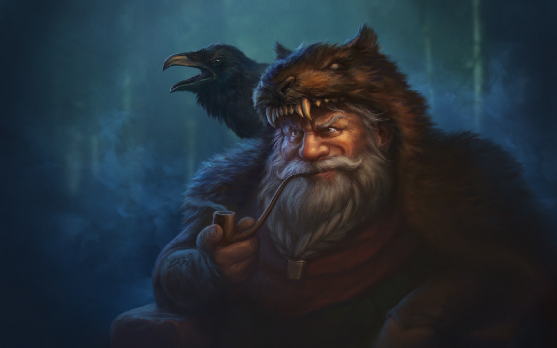 fantasy, dwarf, beard, bird, fur, pipe, raven
