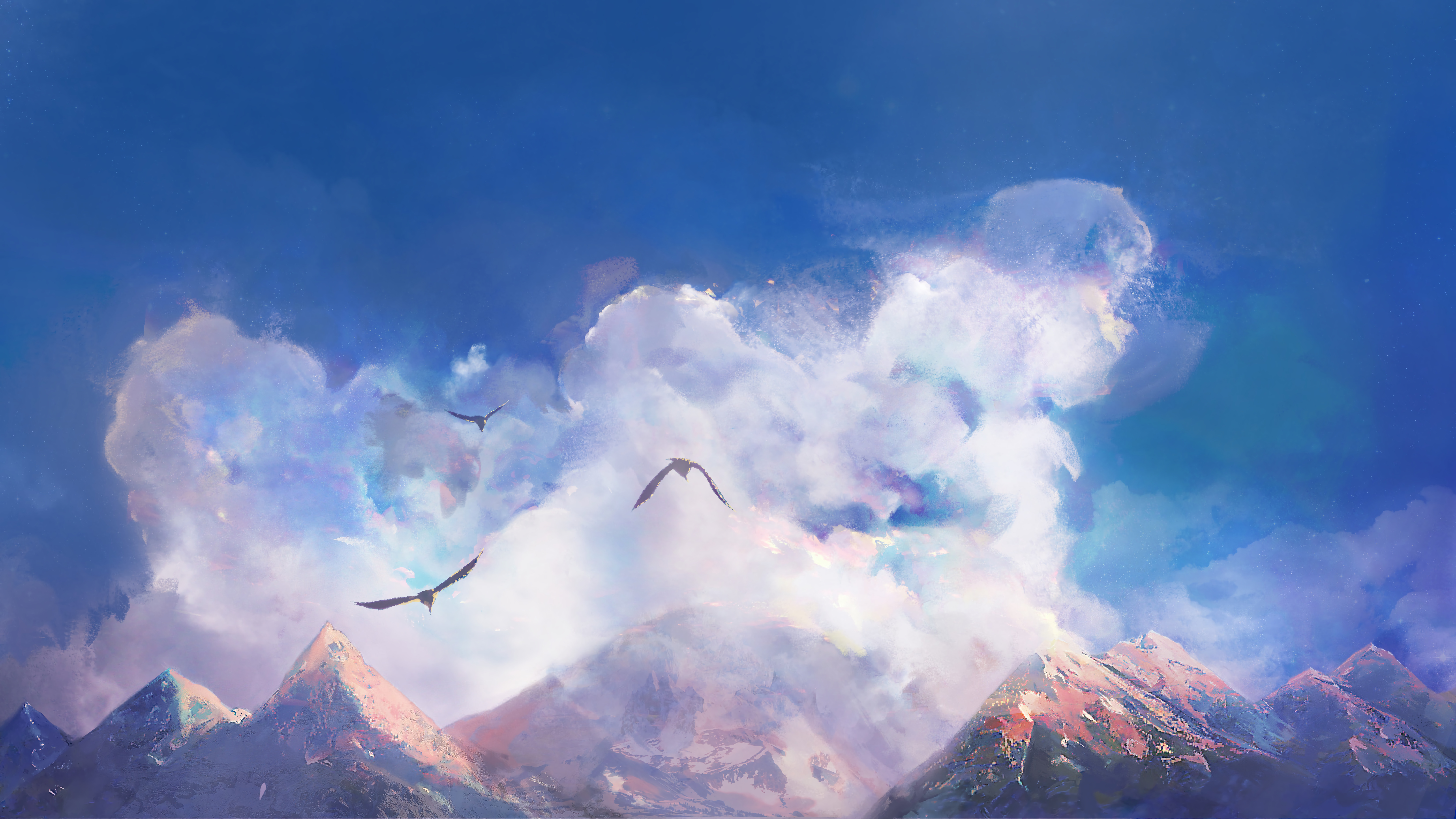 154013 Hintergrundbild herunterladen vögel, kunst, mountains, clouds - Bildschirmschoner und Bilder kostenlos