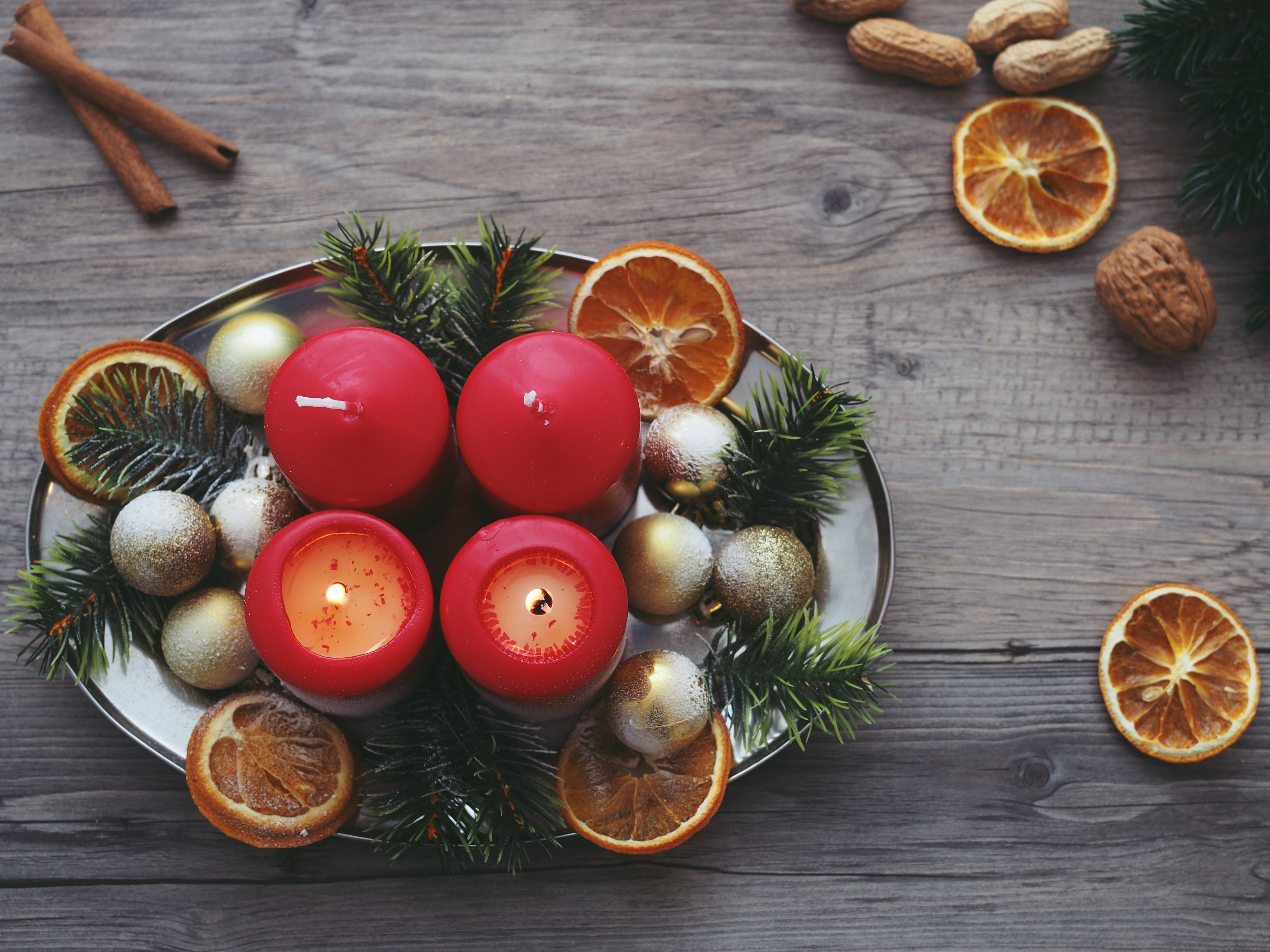holidays, oranges, candles, christmas, spruce, fir