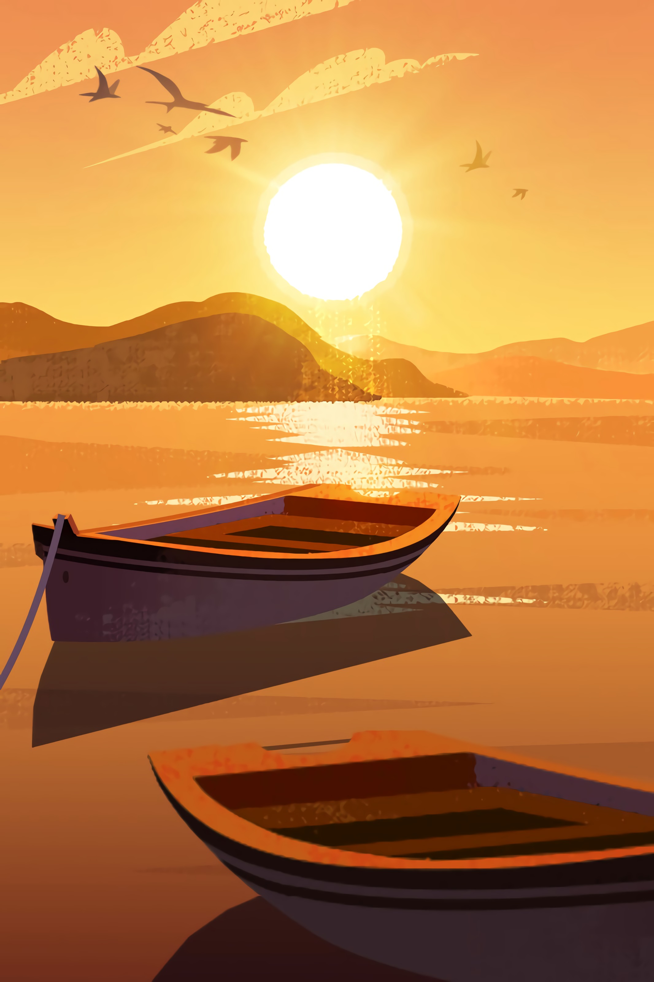 Laden Sie das Ein Boot, Boot, Sun, Kunst, Mountains-Bild kostenlos auf Ihren PC-Desktop herunter