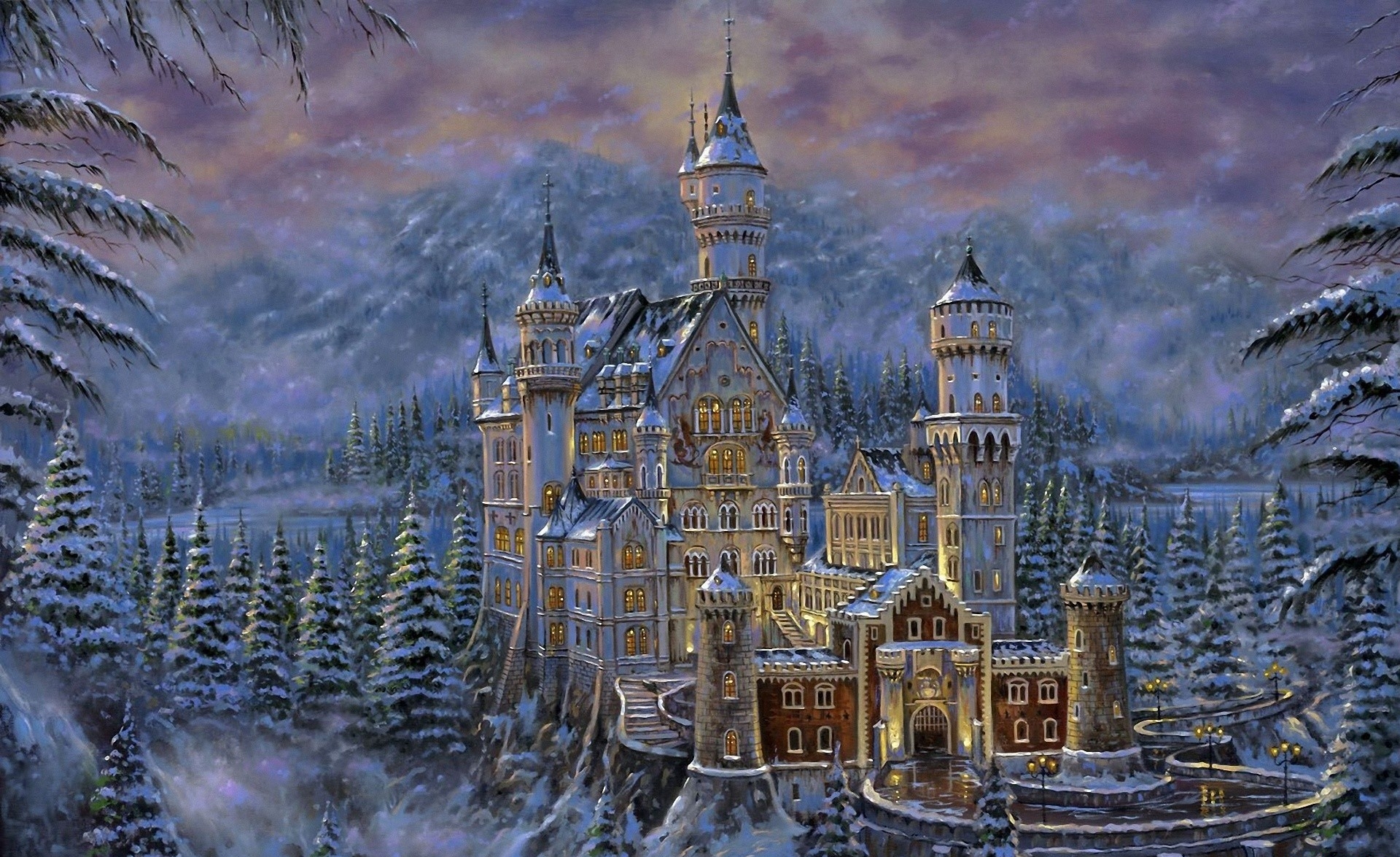 neuschwanstein castle, winter, fantasy, castle, painting, snow, tree, castles Free Stock Photo